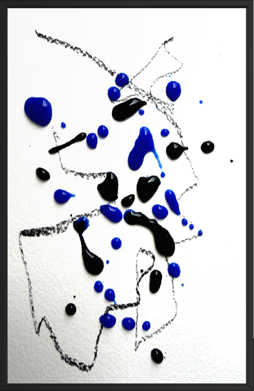 Abstract art with black and blue paint splatters on white background.