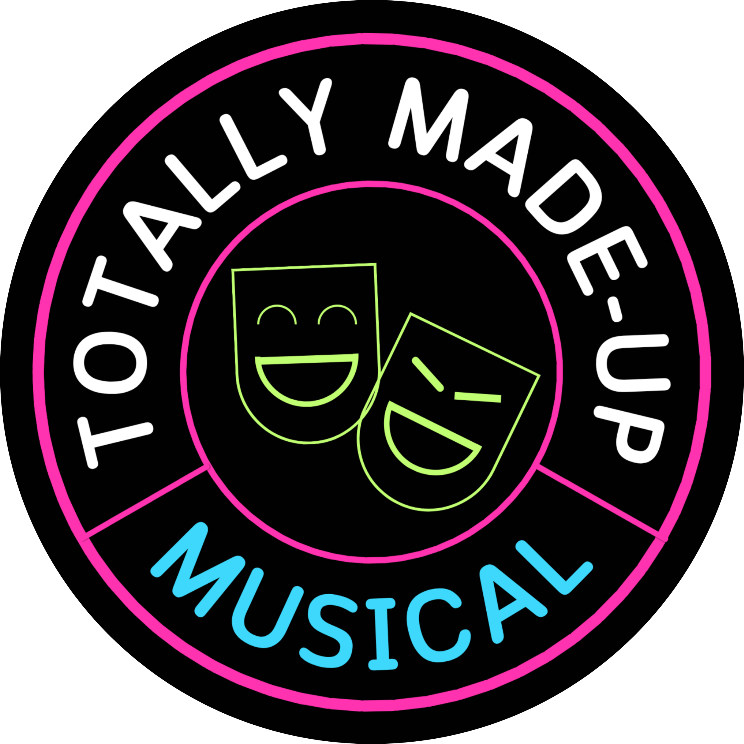 Neon logo with the words 'TOTALLY MADE-UP' in white and 'MUSICAL' in light blue surrounding a version of the theatre masks that are laughing instead of crying, and other lines in pink and green on a black background.