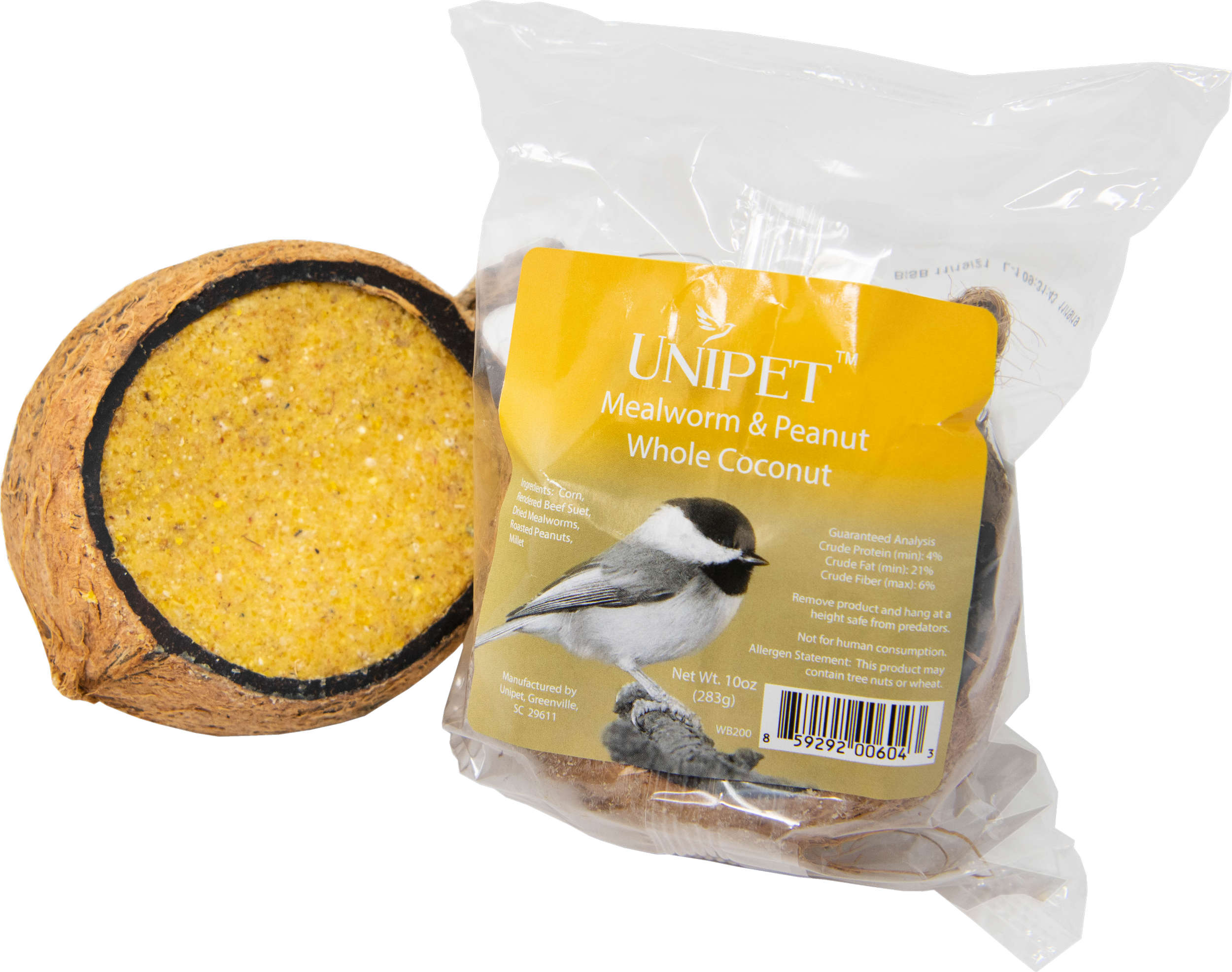 A Coconut Feeder filled with Suet.