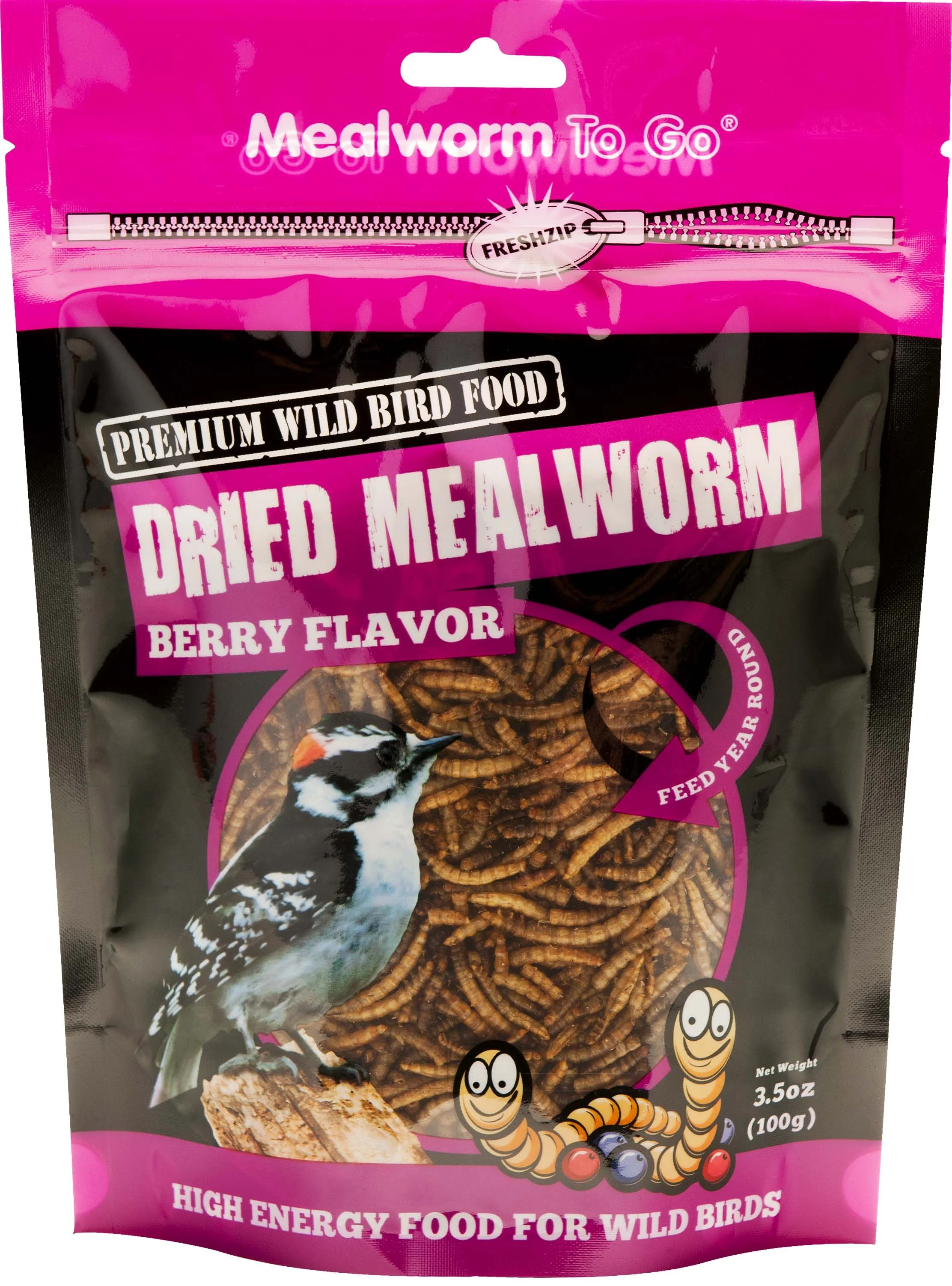 Mealworm To Go, Berry Flavored Dried Mealworm, net weight 1.11 pounds.