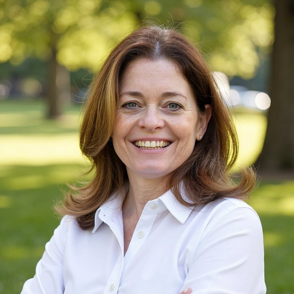 A woman with brown hair and blue eyes smiling outdoors in a park, wearing a white button-up shirt.