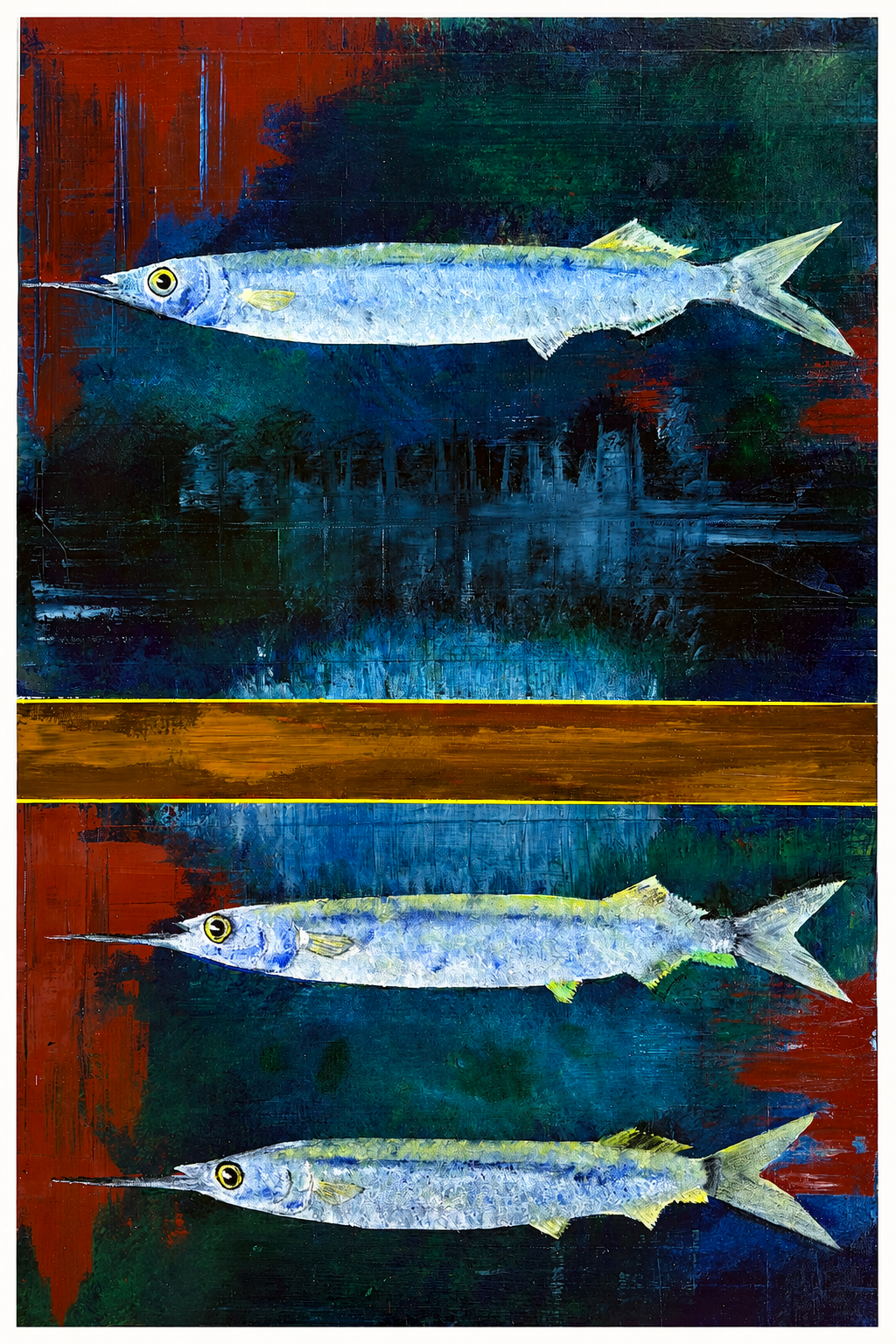 Painting of two narwhals swimming horizontally against a colorful, abstract background with a wooden horizontal strip dividing the canvas.