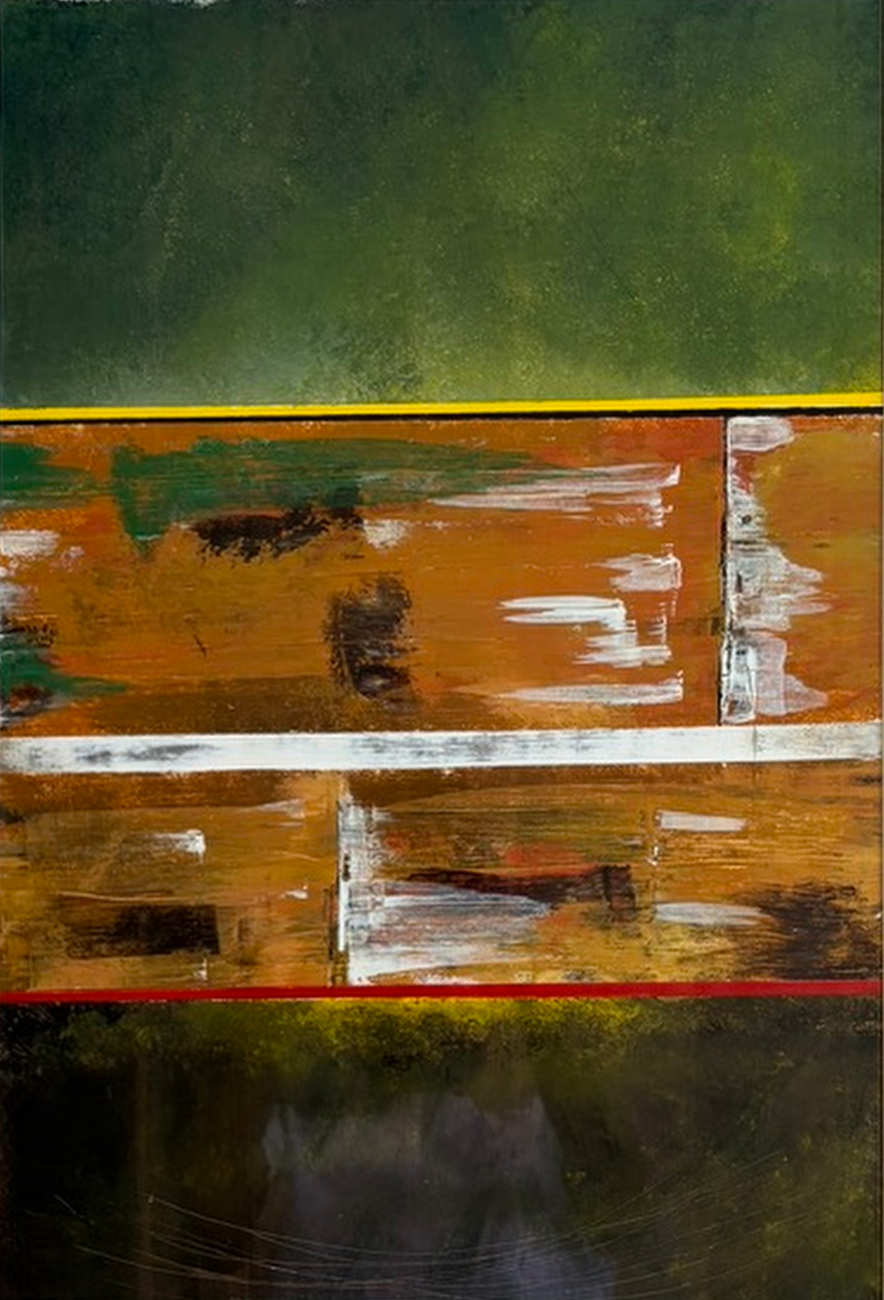 Close-up of a weathered wooden surface with peeling paint in white, green, and reddish-brown, divided into sections with painted borders in yellow, white, and red.