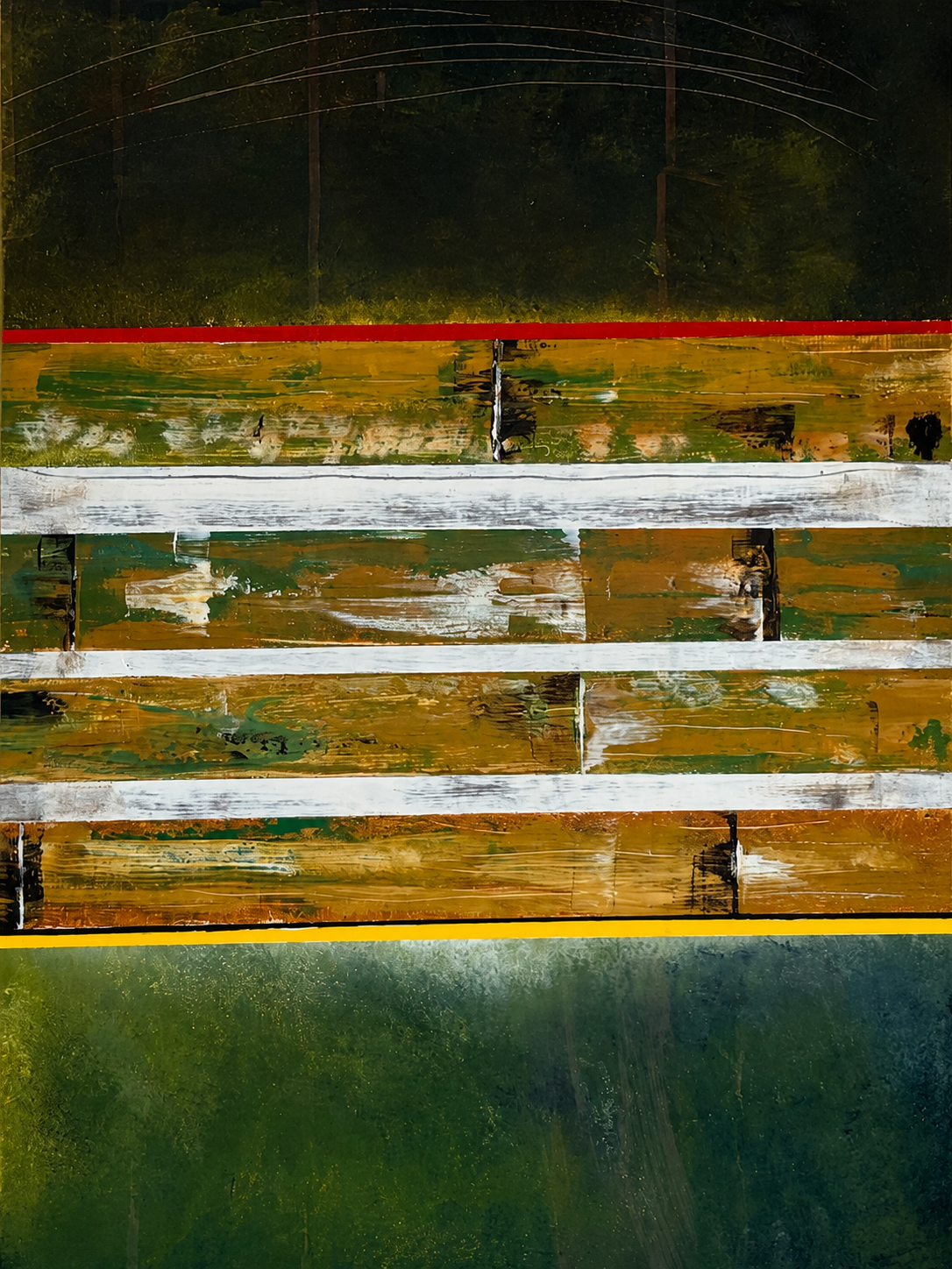 Abstract painting with horizontal lines of green, yellow, brown, white, and red colors.