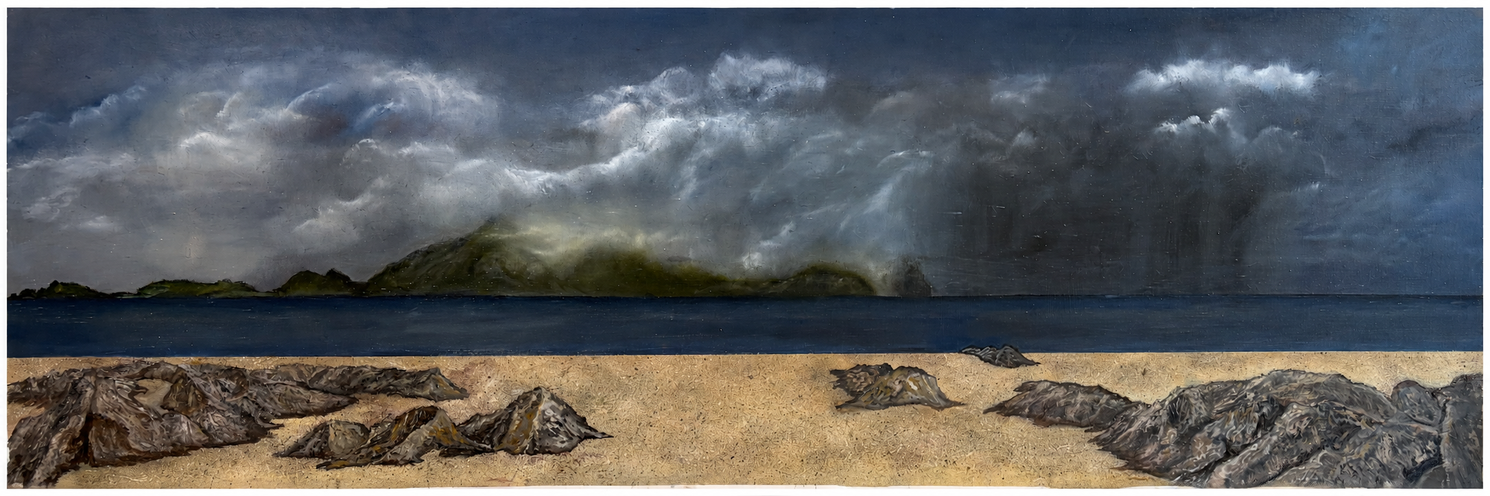 Painting of a beach with rocks in the sand, ocean waves, and a cloudy sky with mountains in the background.