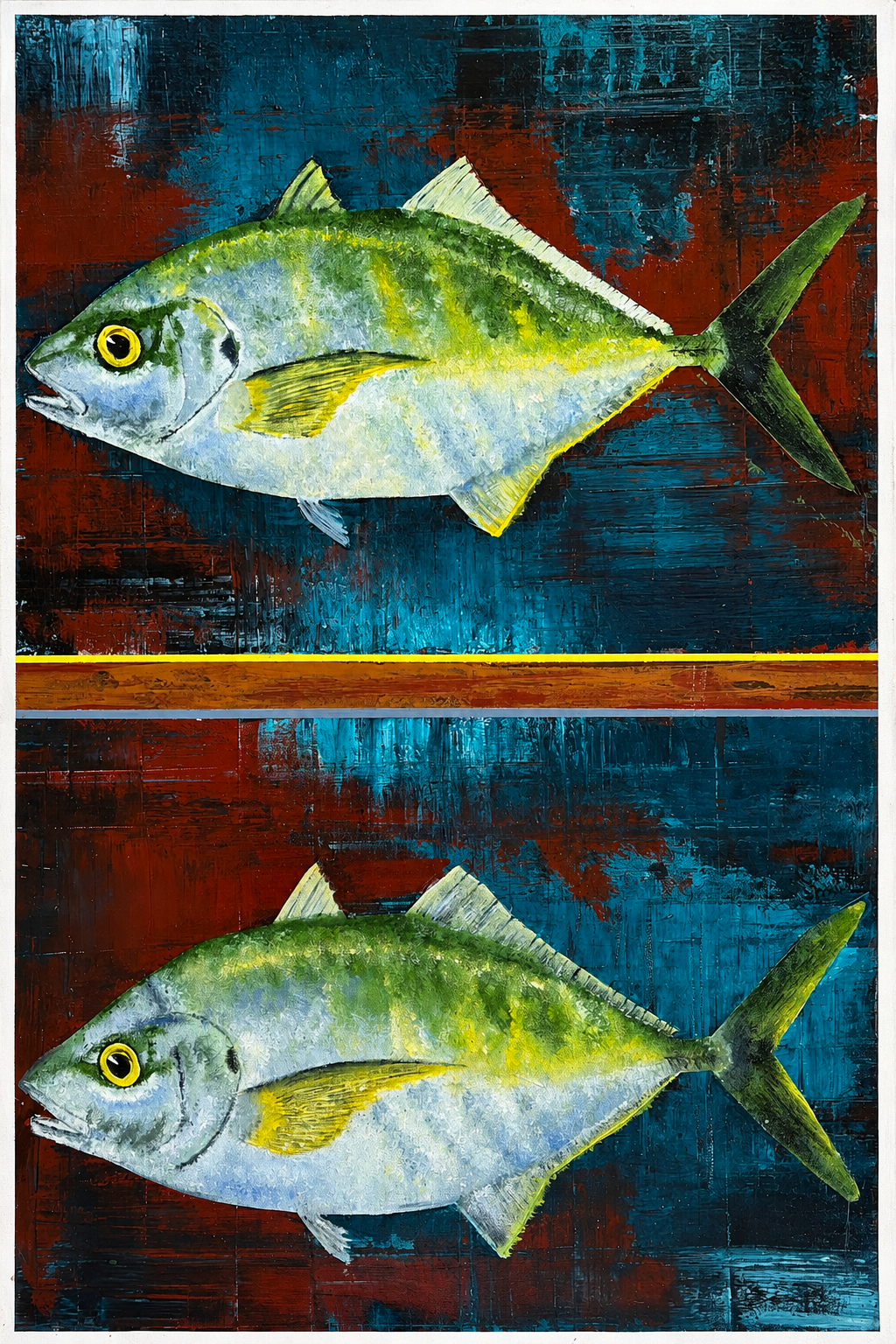 Two paintings of fish on a textured, dark-colored background. Both fish are similar in appearance, with yellow and green hues.
