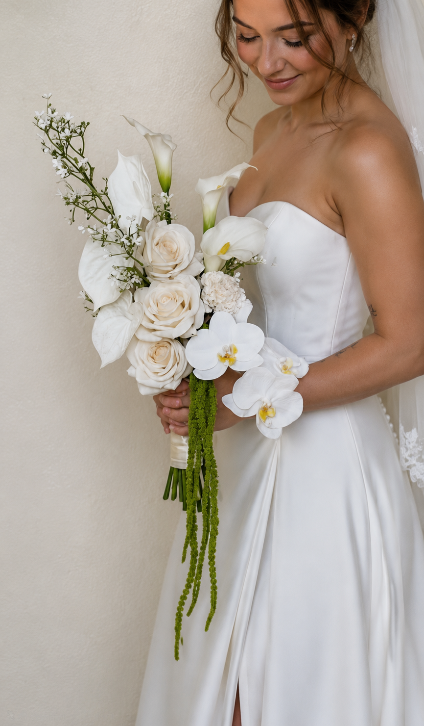 Bride in white wedding dress holding a bouquet of white flowers in the Tri-Cities, Washington