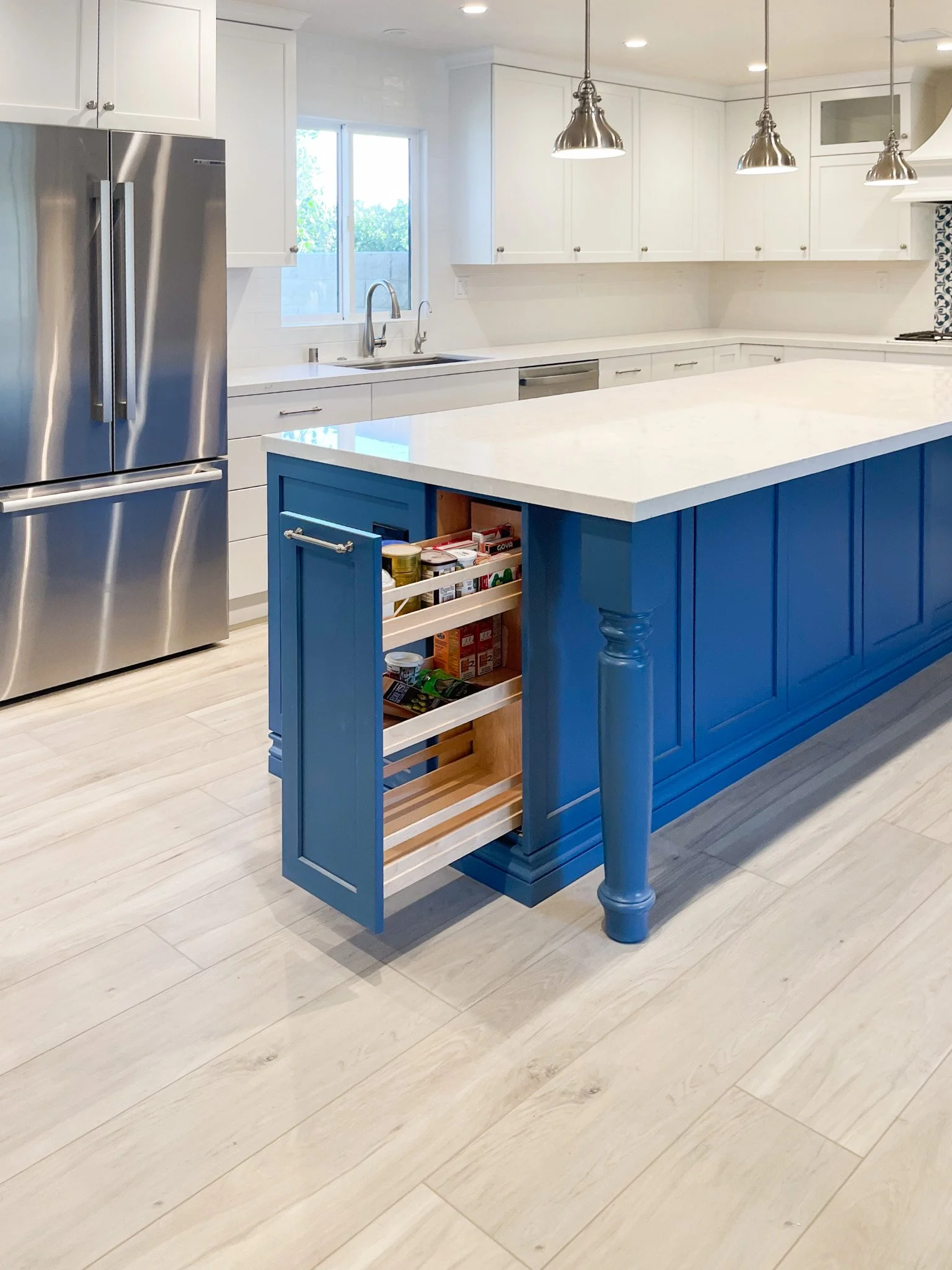 Two-Tone Kitchen Remodel: White Cabinets &amp; Bold Blue Island