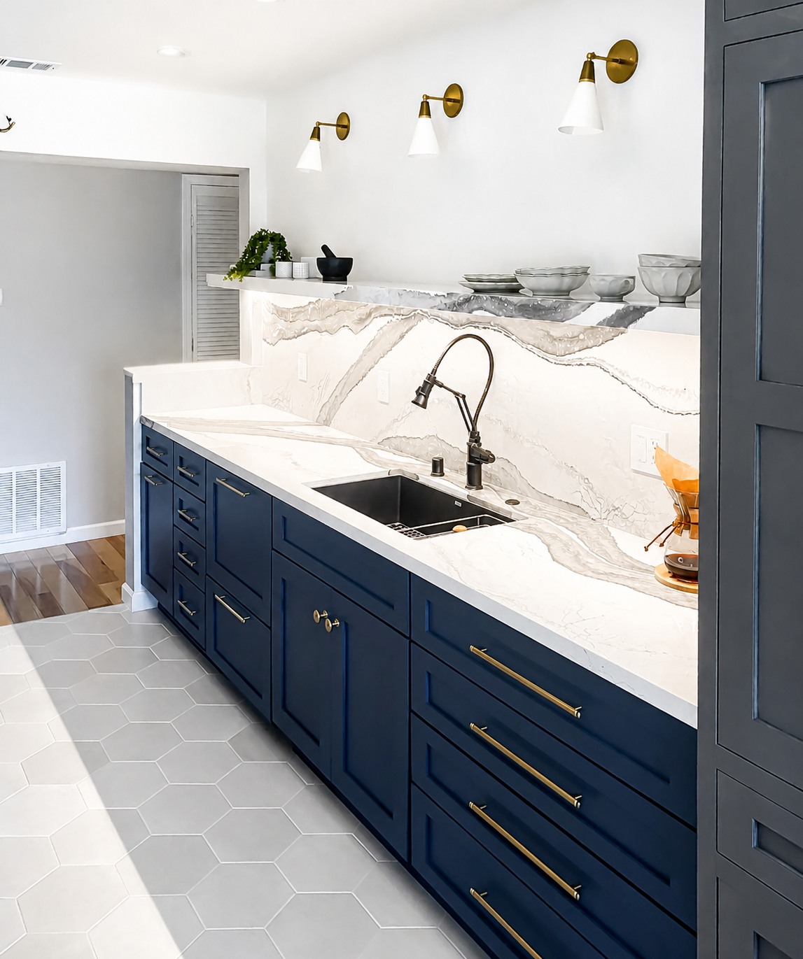 Bold Marble Navy Kitchen Renovation