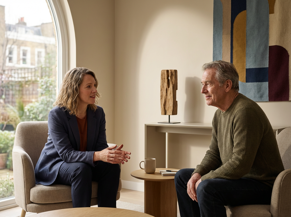 A woman and a man sitting in a living room, engaged in a conversation. The woman wears a dark blazer and the man wears a green sweater, with a coffee mug, notebook, and pen on a small table between them. There is a large window with a view of an outdoor garden and colorful abstract artwork on the wall.