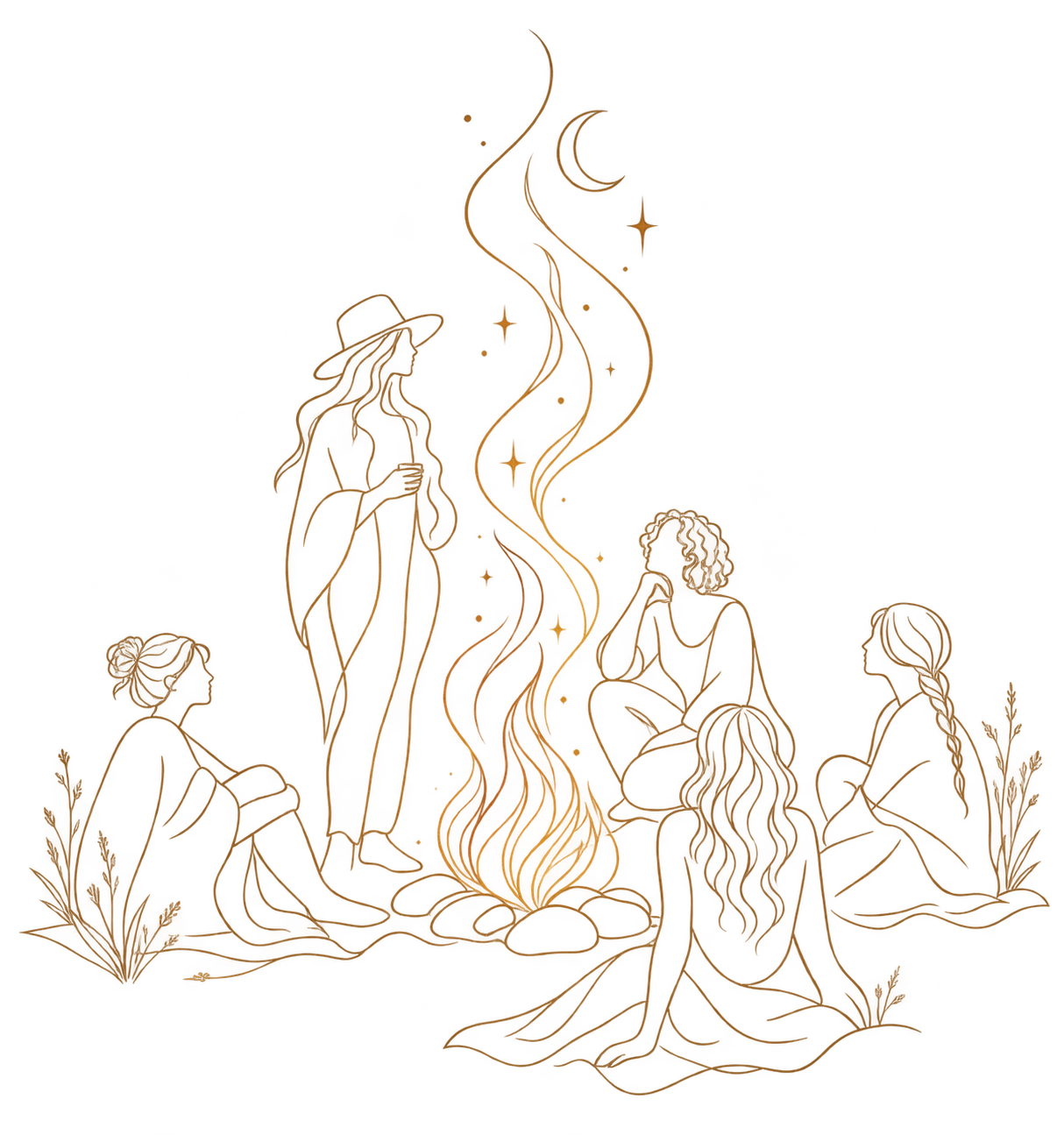 Illustration of five women with long hair sitting around a campfire, under a night sky with a crescent moon, stars, and swirling smoke.