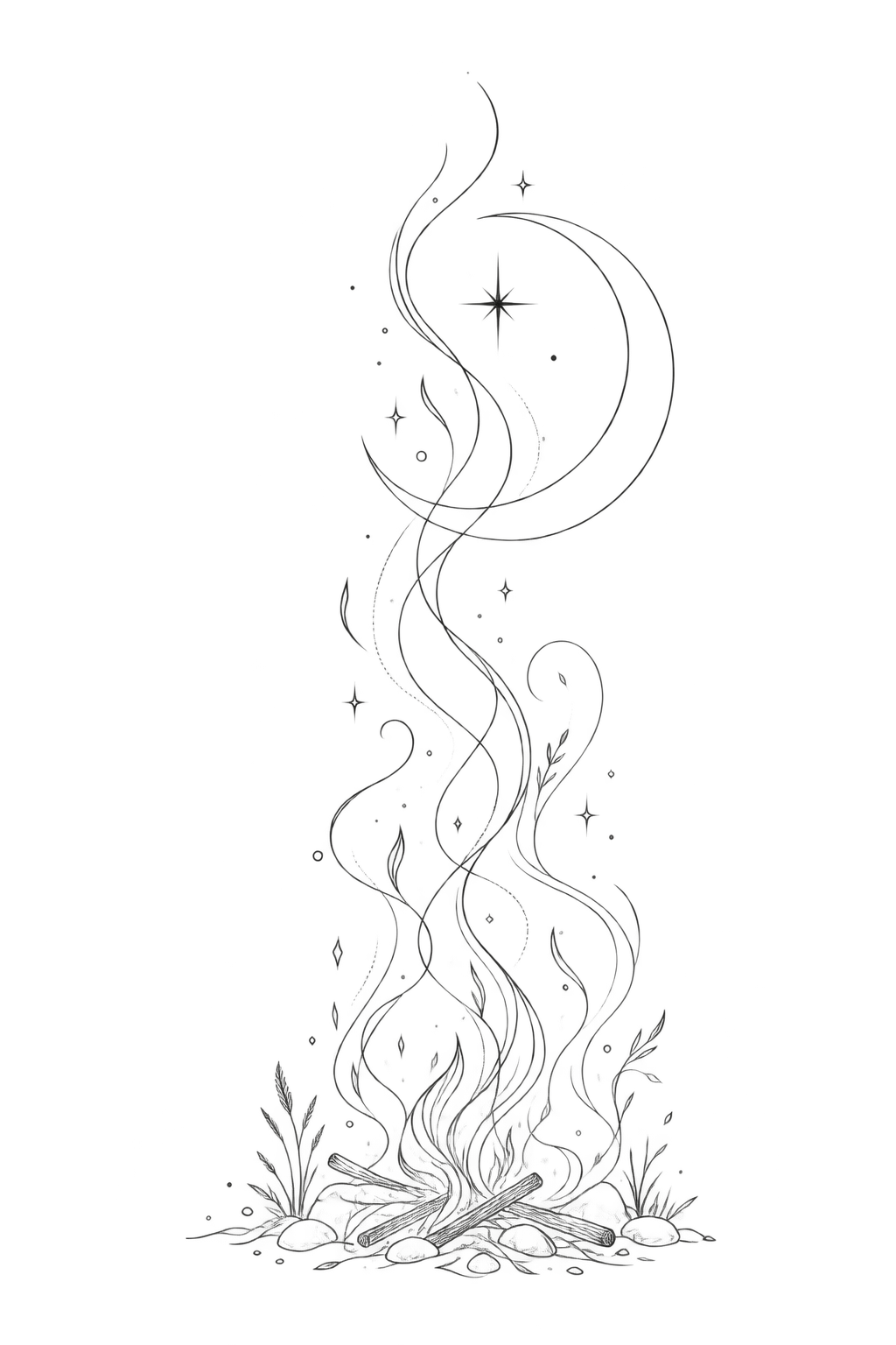 A dark, mystical illustration featuring swirling smoke, stars, and celestial symbols emerging from a plant-like base.