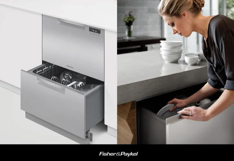 Woman loading dishes into a fisher & paykel dishwasher