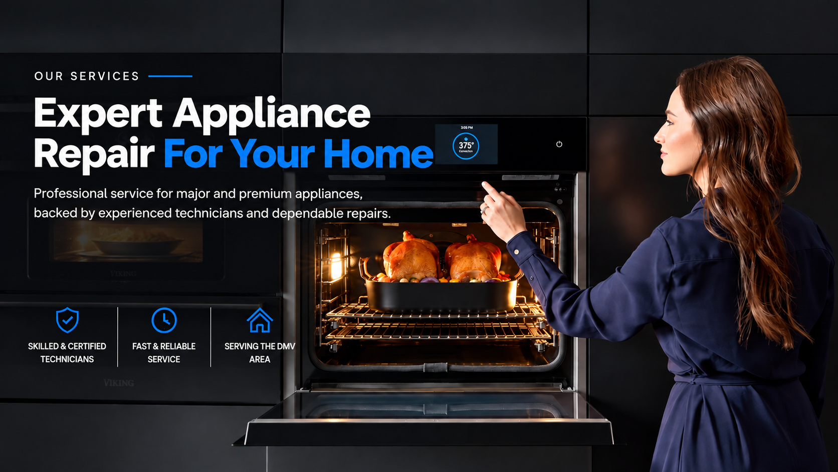 Woman opening a modern built-in oven in a luxury kitchen