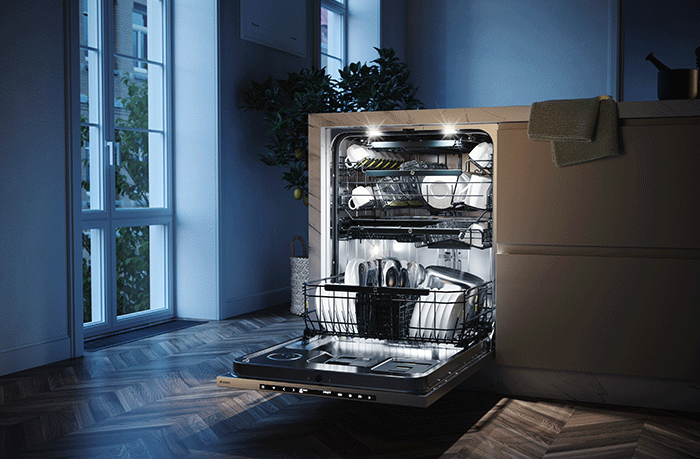 Open dishwasher filled with clean dishes in a modern kitchen