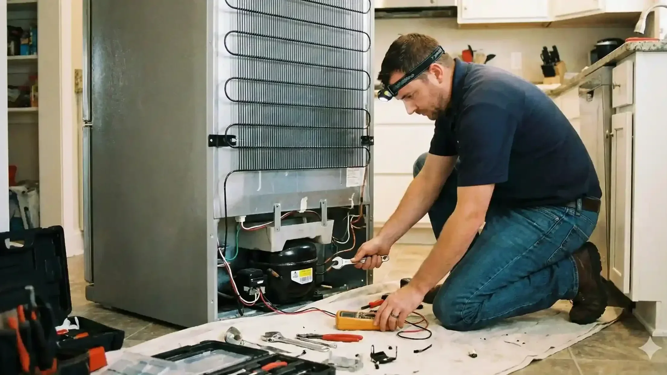 technician diagnosing and repairing a refrigerator for Brandsmart Appliance Repair