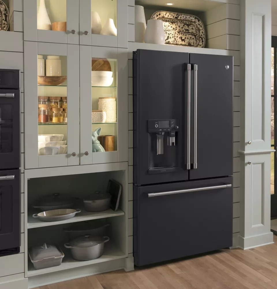 Black side by side refrigerator in a modern kitchen