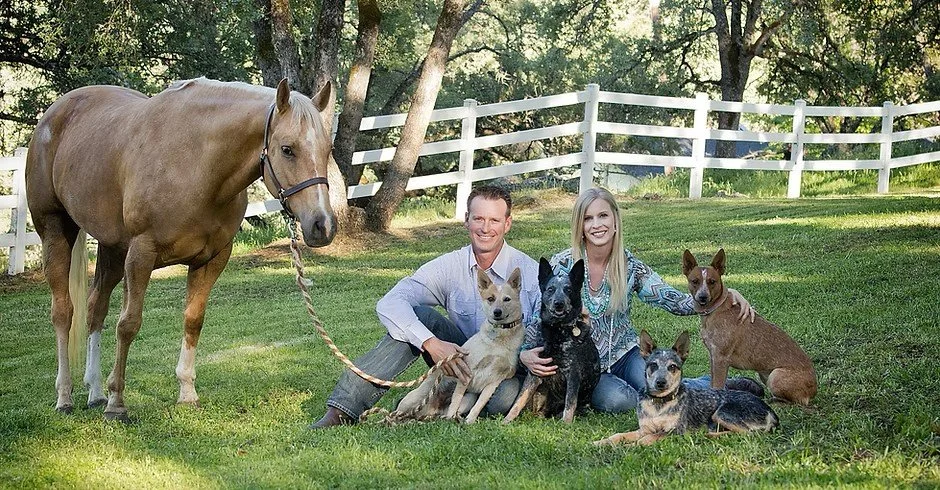 A couple sitting on the grass outdoors with five dogs, a horse, and trees and a white fence in the background.
