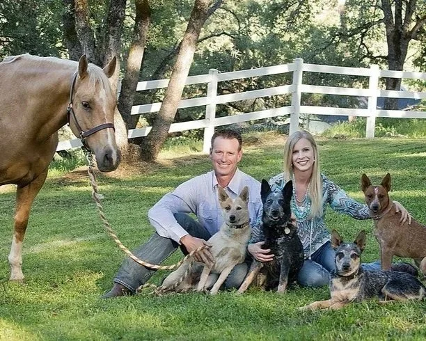 A man and woman sitting on grass in a park with five dogs and a horse nearby.