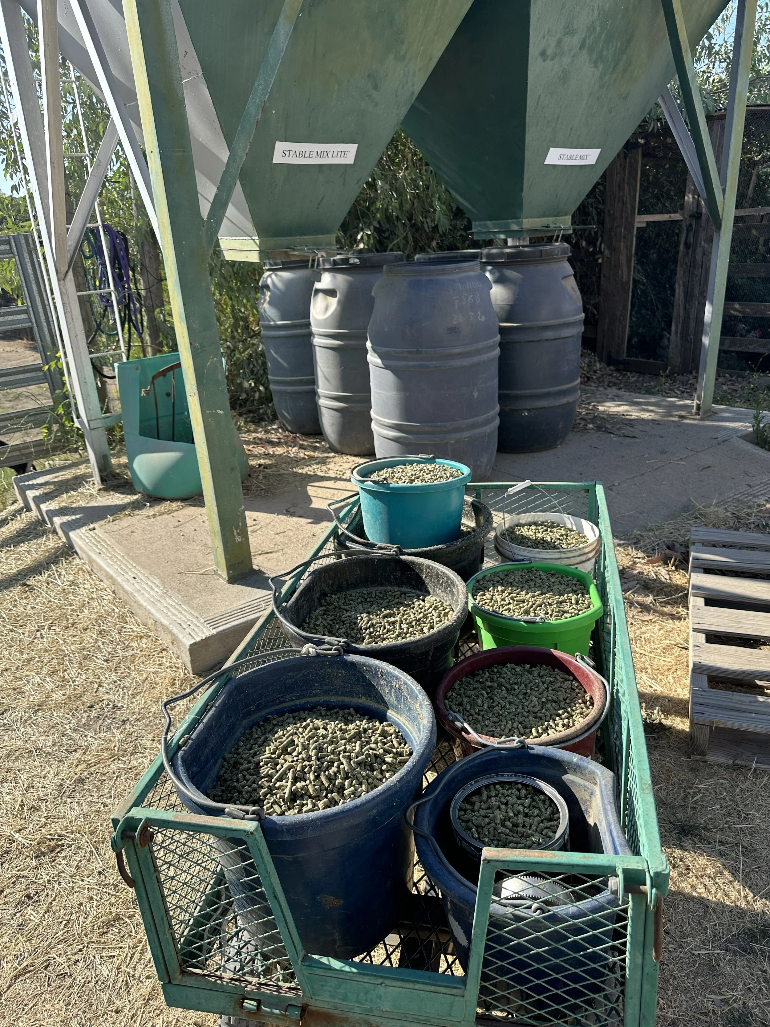A garden or farm setup with green and black containers filled with small, cylindrical gardening pellets, and large black plastic barrels beneath a green structure labeled 'STABLE MIX LITE' and 'STABLE MIX'.