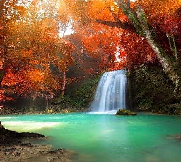 Waterfall cascading into a turquoise pool surrounded by autumn-colored trees.