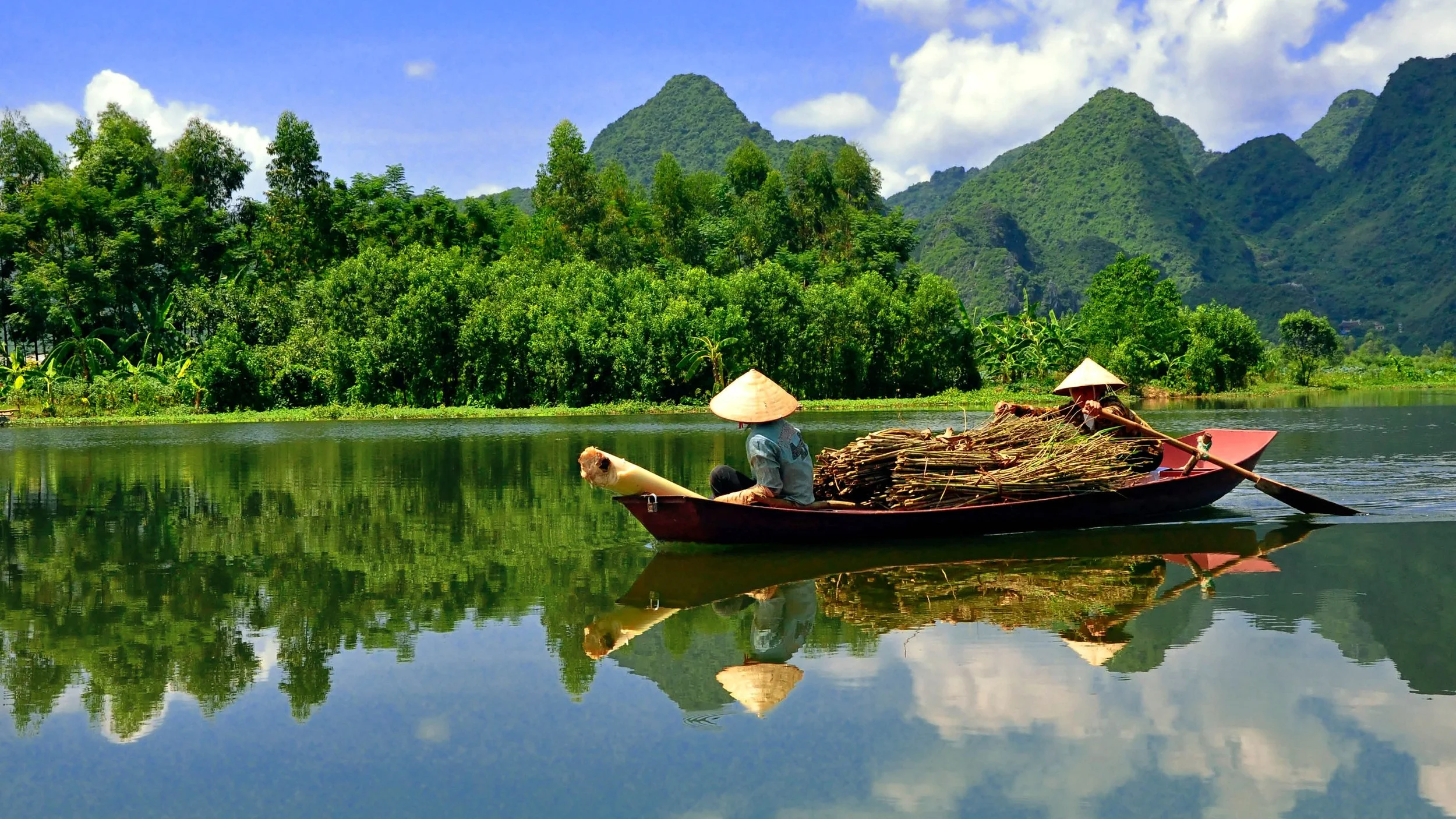 Two people wearing traditional conical hats on a boat filled with branches, floating on a calm river with lush green trees and mountains in the background.