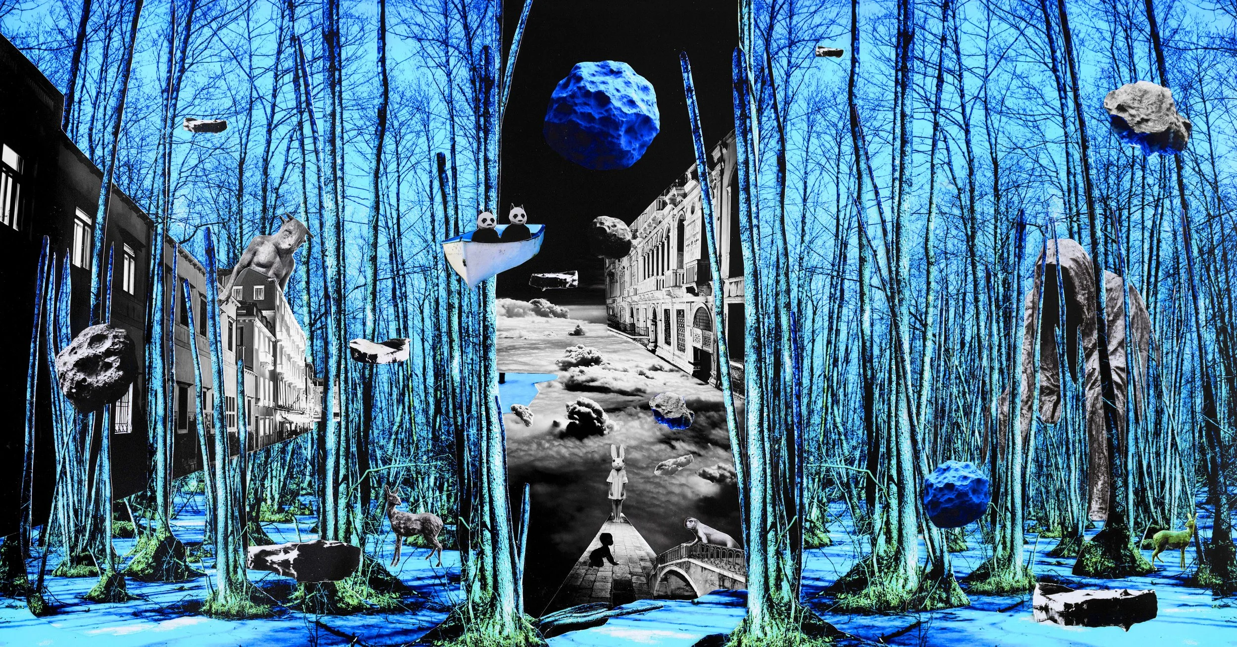 Surreal collage of a forest with blue trees and buildings, floating objects including rocks, a boat with pandas, animals like deer, rabbits, and birds, an alien figure, and celestial elements like planets and the moon, creating a dreamlike landscape.