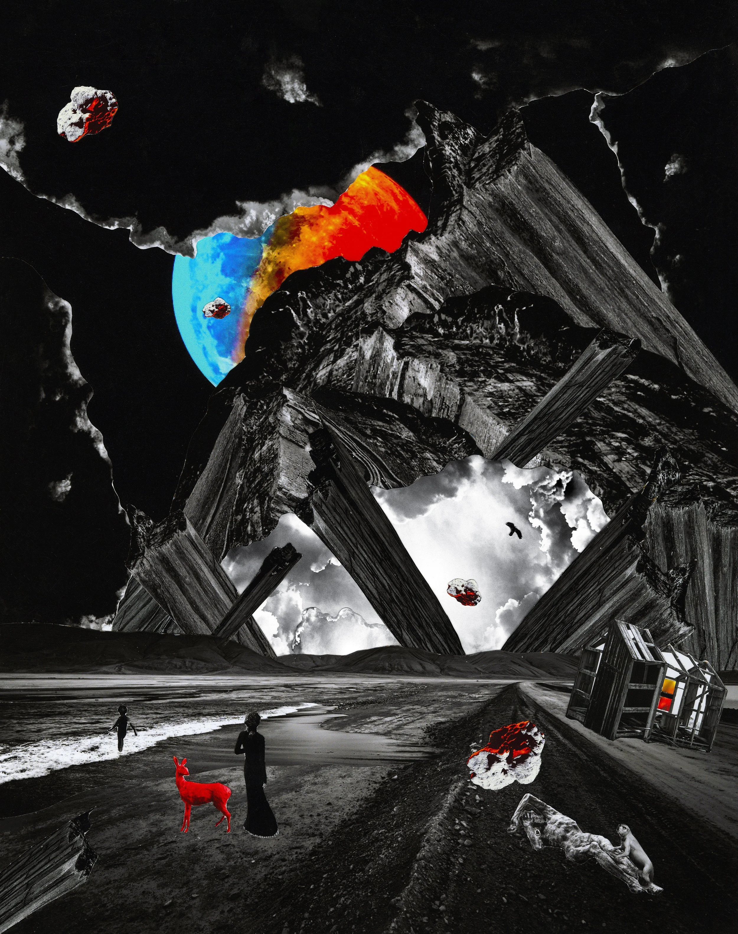 Surreal landscape with dark mountains, clouds, and floating rocks with red glowing patterns. In the foreground, two children and a red deer are seen on a rugged, wet dirt terrain, with a large rock formation on the right and a wooden structure. The scene has a dreamlike, otherworldly atmosphere with contrasting vivid colors and stark black-and-white elements.