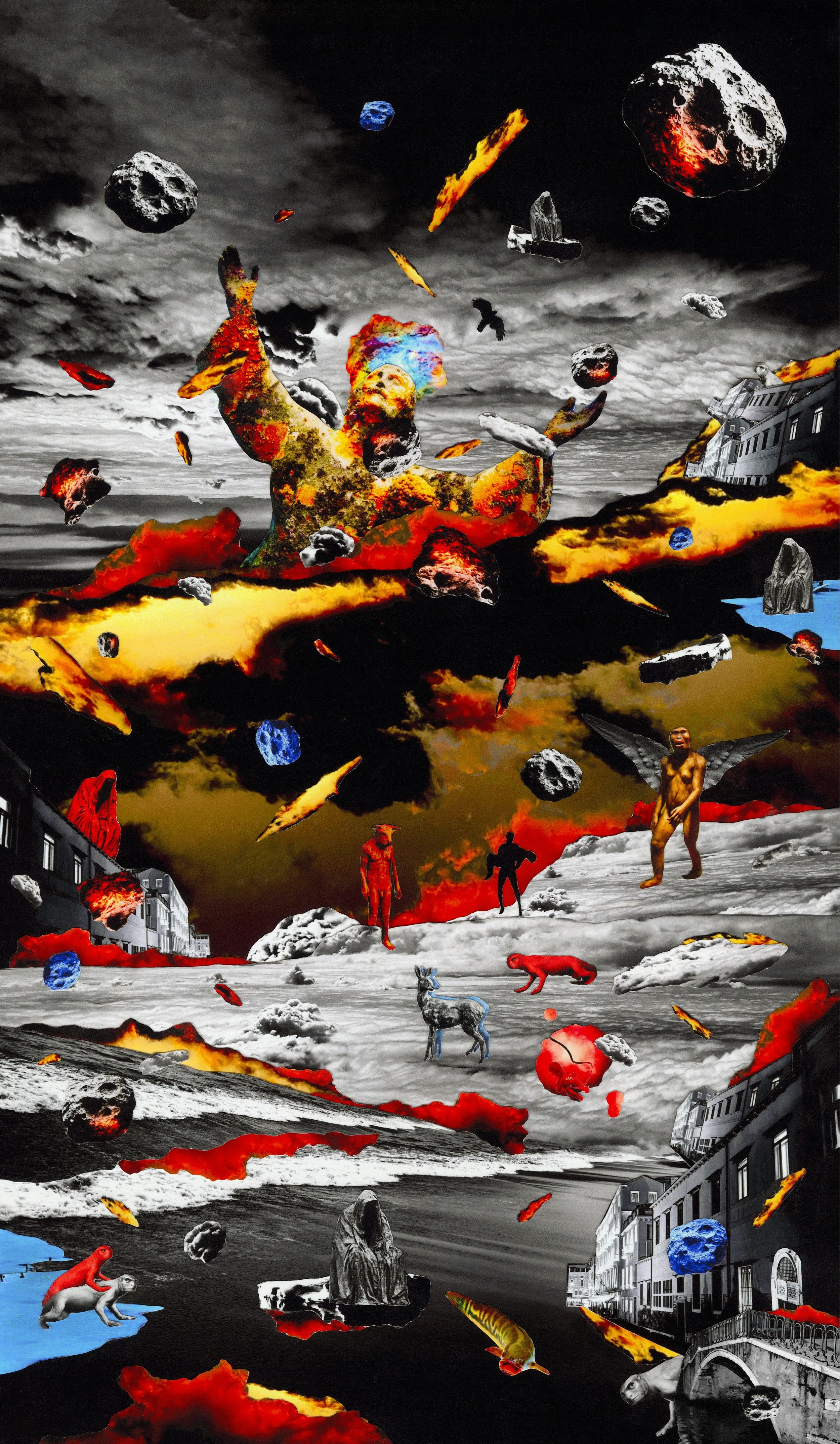 A surreal digital collage featuring a cloudy sky, floating rocks, and various human and animal figures, including a large woman with colorful hair, a winged figure, and animals like a dog, a bird, and a butterfly, with burning and charred elements throughout.