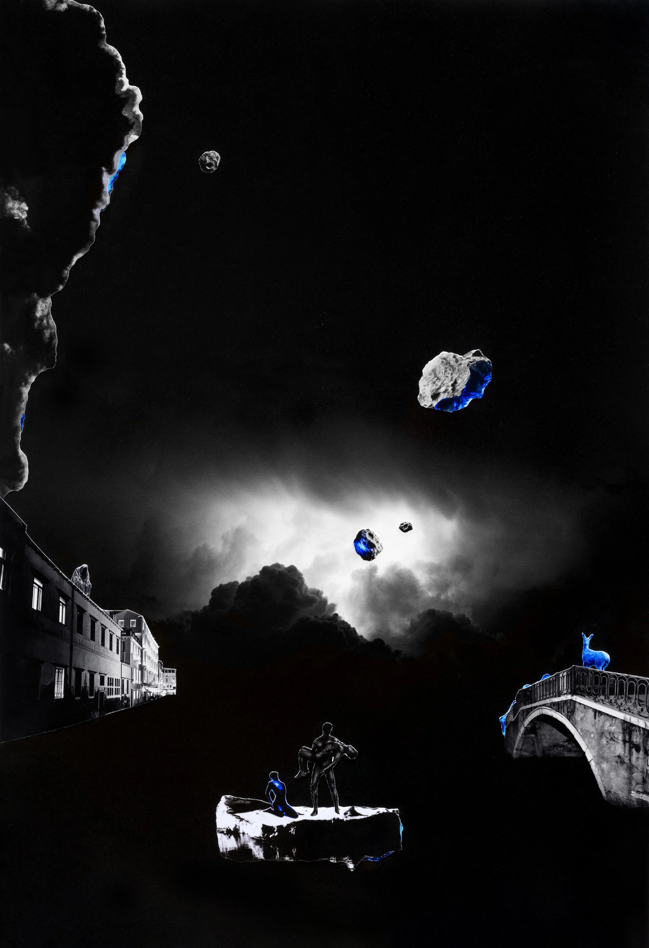 Nighttime urban scene with stylized white and blue illuminated sculptures of human figures, animals, and celestial bodies, including a person sitting on a ledge, a person standing with arms raised, a reclining figure, a dog, and floating rocks or asteroids in the dark sky.