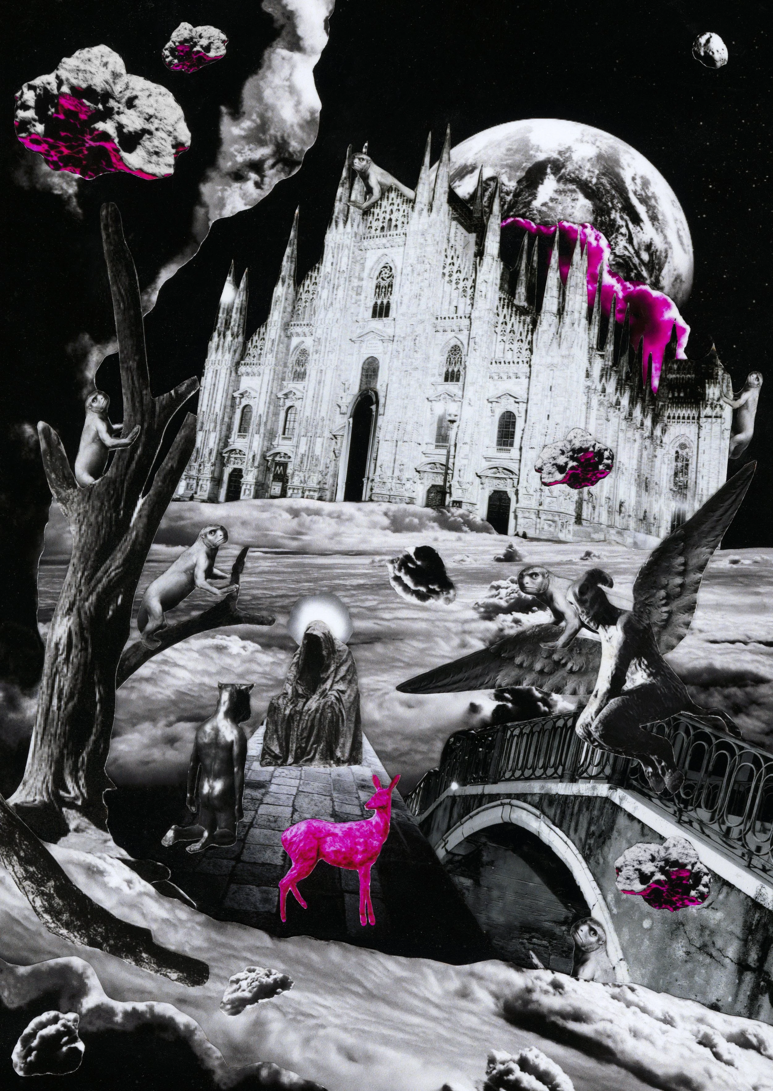 A surreal collage featuring a black-and-white cityscape of a cathedral, floating rocks with pink accents, and various animals, including a pink rabbit, cats, and a dog, with a moon in the background and a bridge over a body of water.