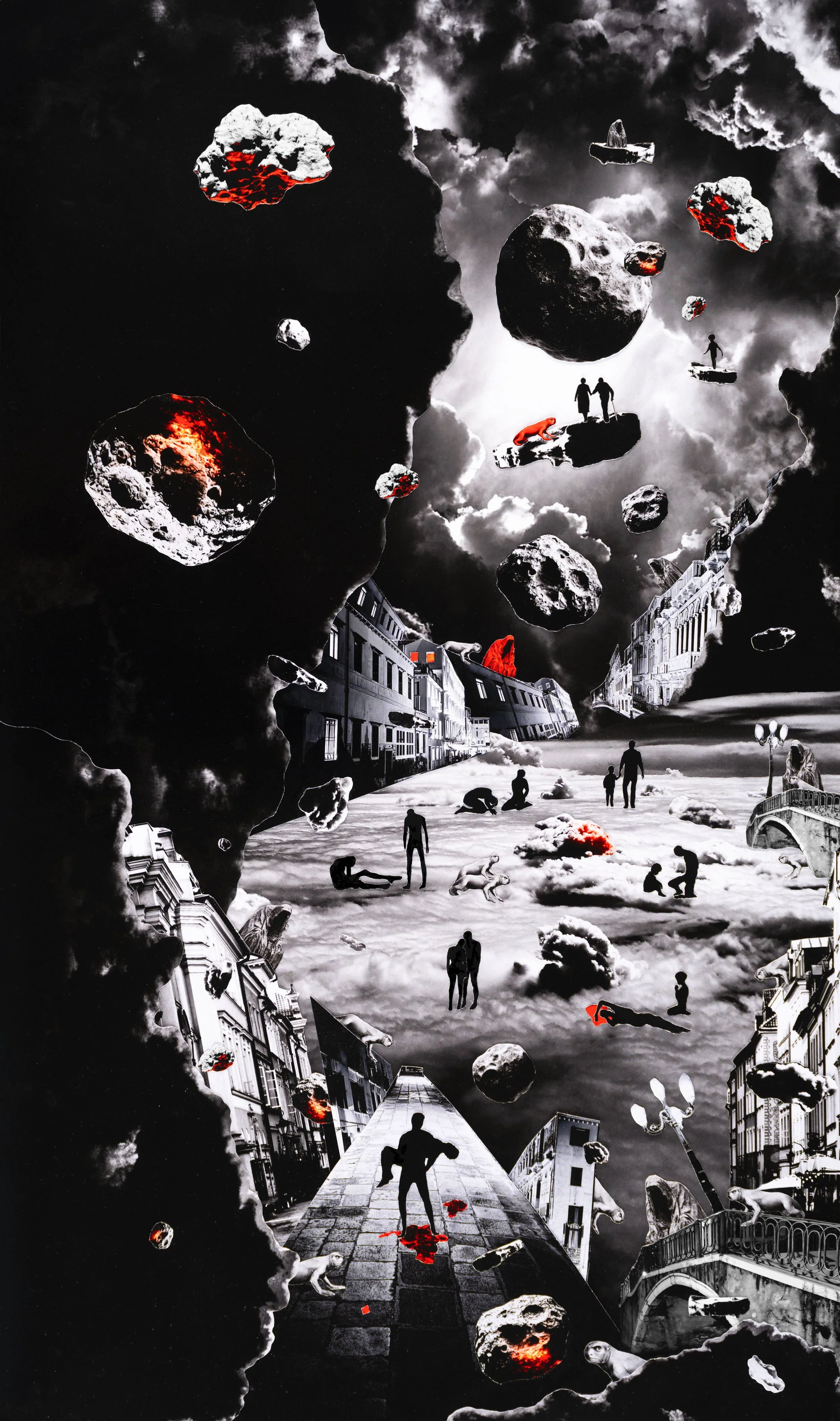 Surreal digital artwork depicting a cityscape with floating asteroids, human figures, animals, and buildings, all in black, white, and red tones, with a cloudy sky background.