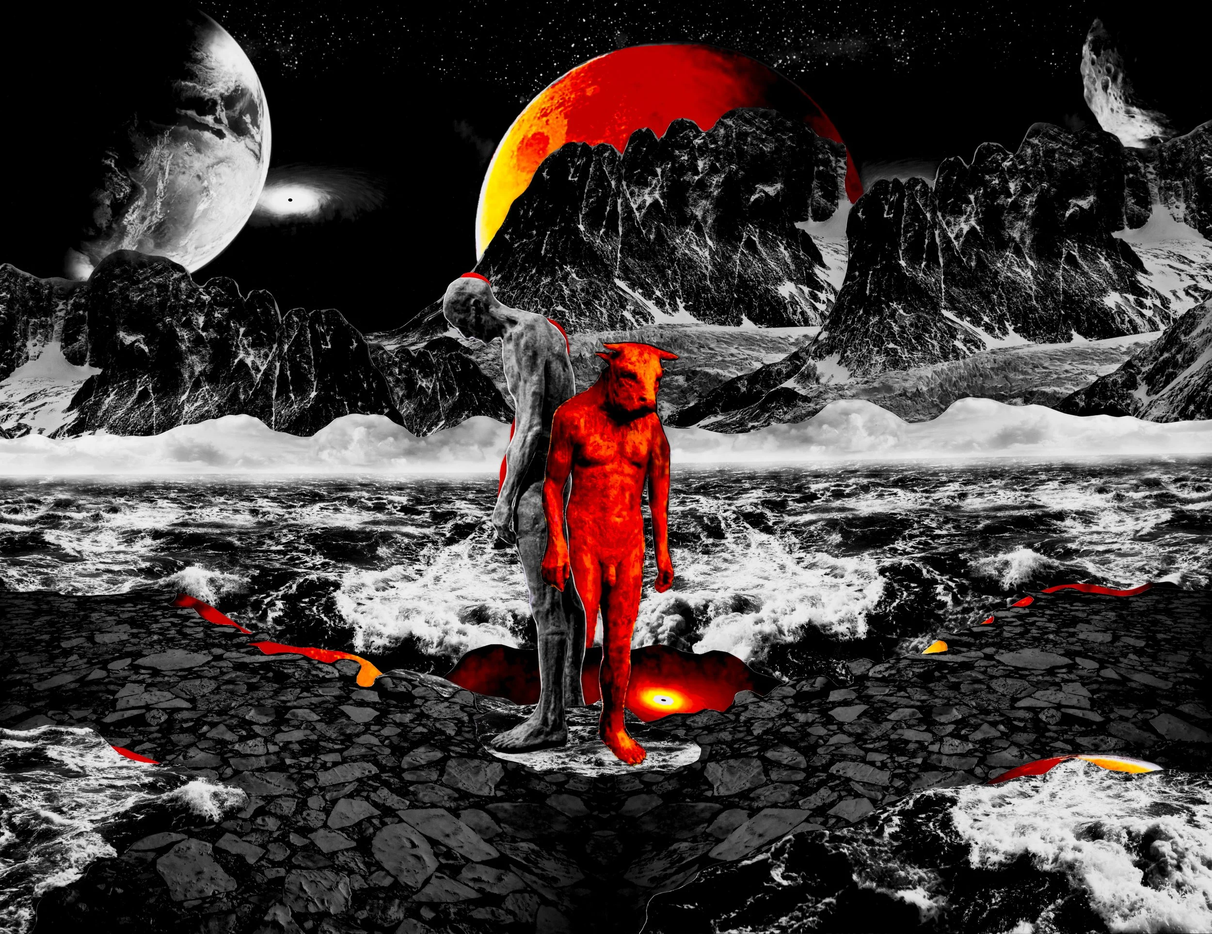 A surreal landscape featuring a black and white rocky terrain with a fiery red wolf and a humanoid figure with a distorted face, set against a cosmic backdrop with planets, moons, and a glowing red sun.