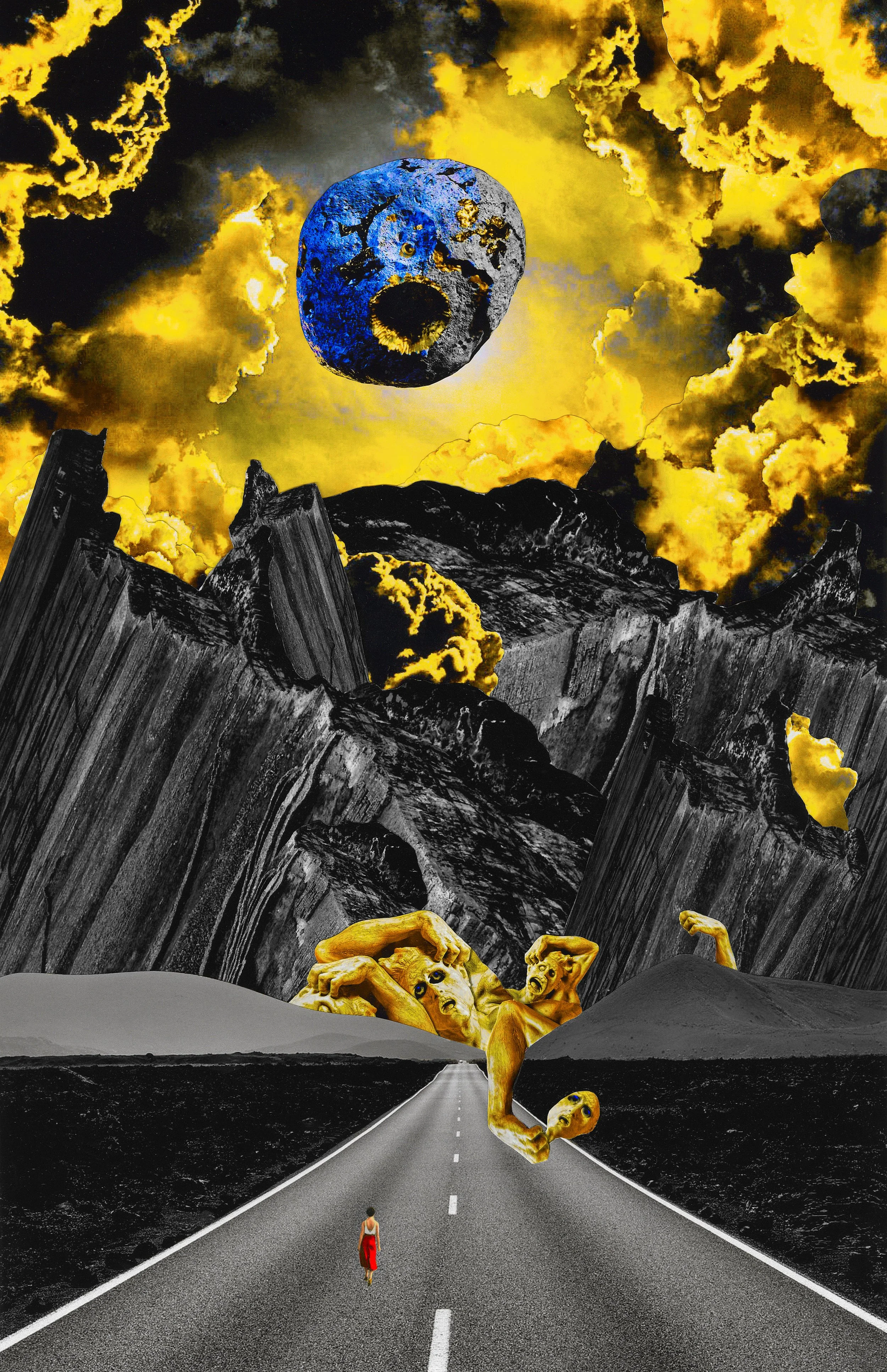 A surreal digital artwork showing a woman walking on an empty road toward a mountainous landscape with dark cliffs, a sky filled with yellow clouds, and a large moon or planet in the sky. The scene features several large, yellow muscular humanoid figures with exaggerated features, lying on the road and in the landscape, as well as a floating blue and gray moon.