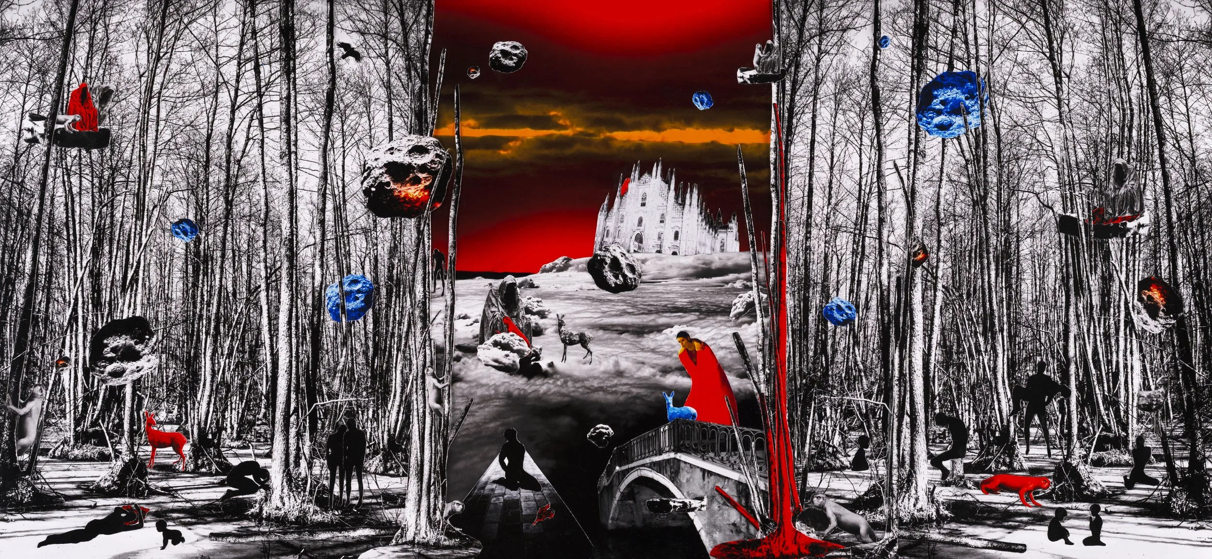 A surreal digital artwork depicting a forest with leafless trees, a large castle in the distance, and a sky with a dramatic sunset or sunrise. The scene features floating asteroids, some with fiery or icy textures, and various human figures, animals, and objects scattered throughout, including a person in red, animals like a deer and cats, and a bridge over a dark water body.