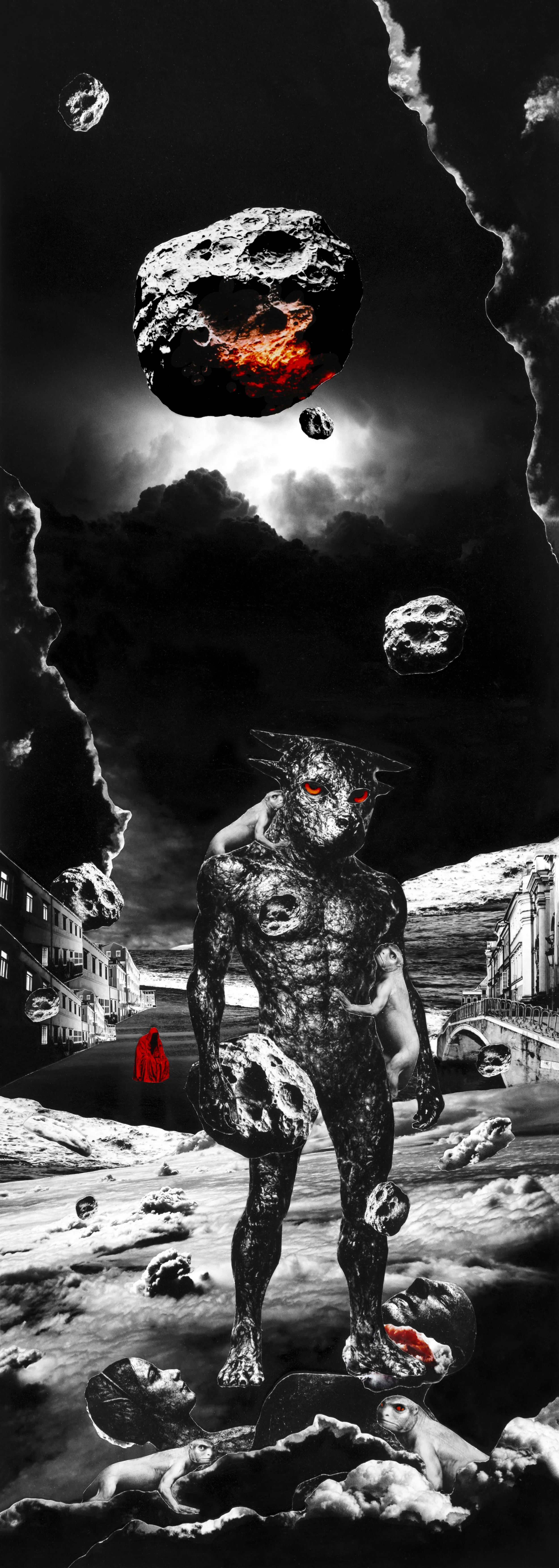 Surreal digital art featuring a humanoid figure with a wolf-like face and red eyes, surrounded by floating asteroids, some with glowing red interiors. The background is a dark, cloudy sky with a landscape of water and city buildings. There are humanoid and animal-like figures merging into the scene, creating a fantastical and otherworldly atmosphere.