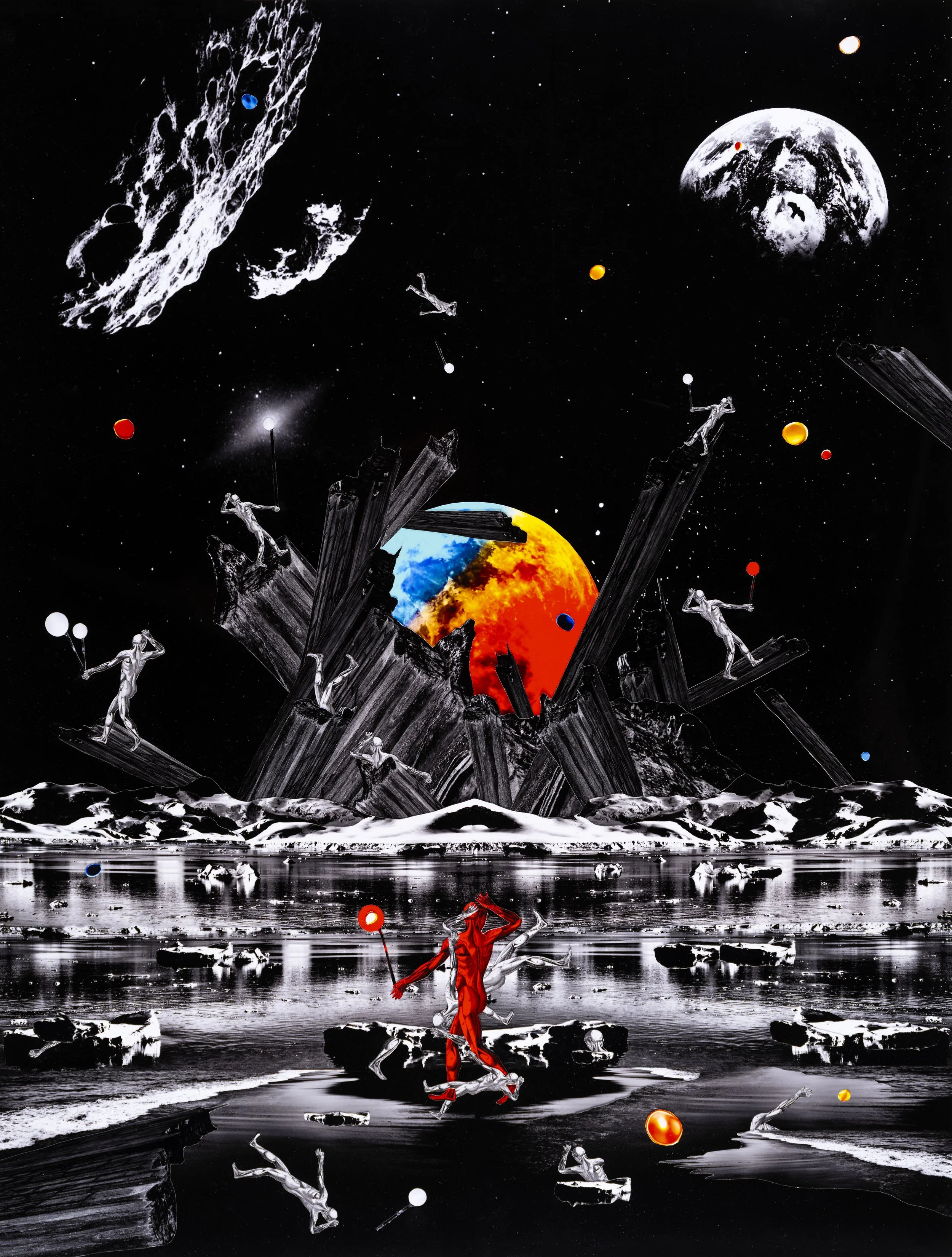 Futuristic space scene featuring astronauts, moons, planets, and space debris set against a starry black background. The scene includes reflective water at the bottom and a colorful planet or sun emitting red and yellow hues behind jagged black and white rocks.