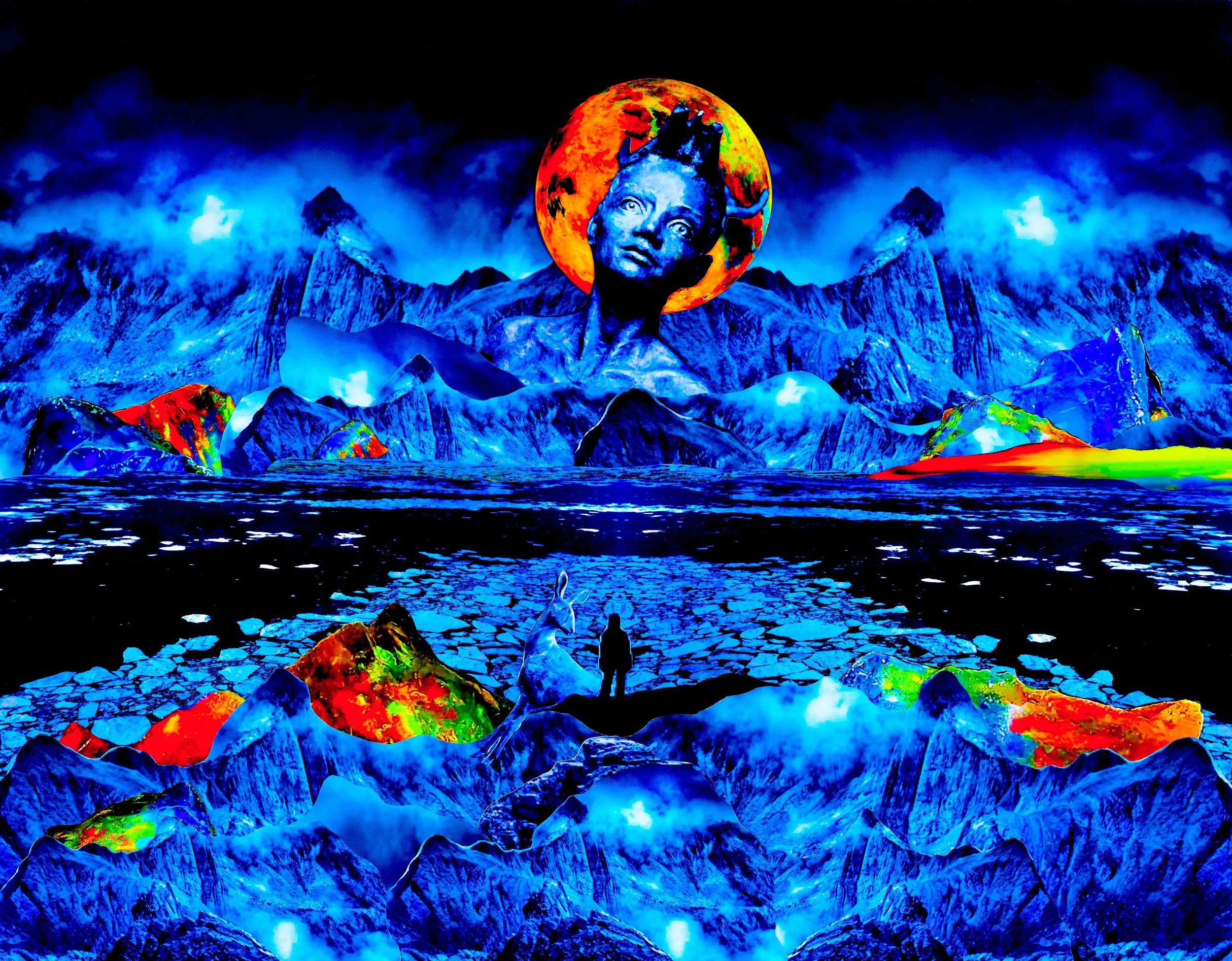 A surreal digital art scene featuring a large, blue-hued human face with an outstretched hand with three fingers, set against a vibrant, glowing red and orange full moon. The background shows a dark, mountainous landscape with icy, jagged peaks and a turbulent body of water in the foreground. The sky is dark, with blue clouds and mist.