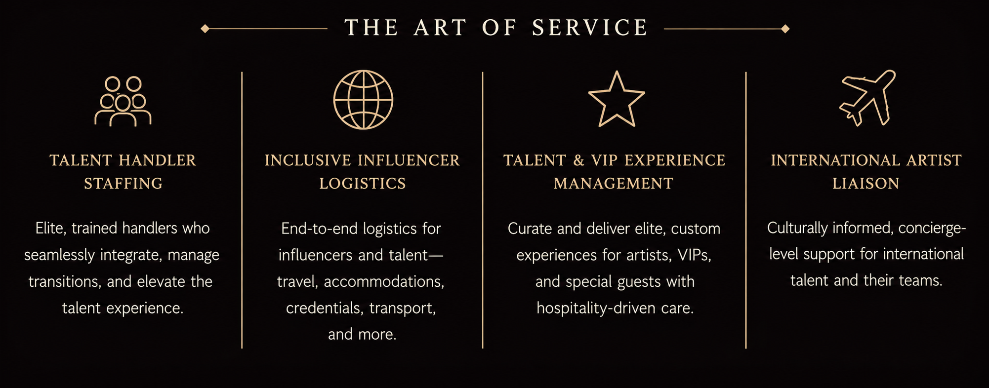 Sage Charisma services including talent handler staffing, influencer logistics, talent and VIP experience management, and international artist liaison support.