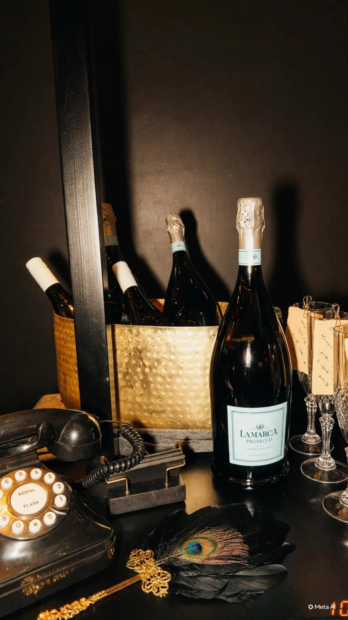 A black telephone with a rotary dial on a desk, with a gold feather with a peacock design, a gold chain, and a gold keychain in front. Behind the phone, there are bottles of champagne in a gold bucket and empty glasses on a dark background.