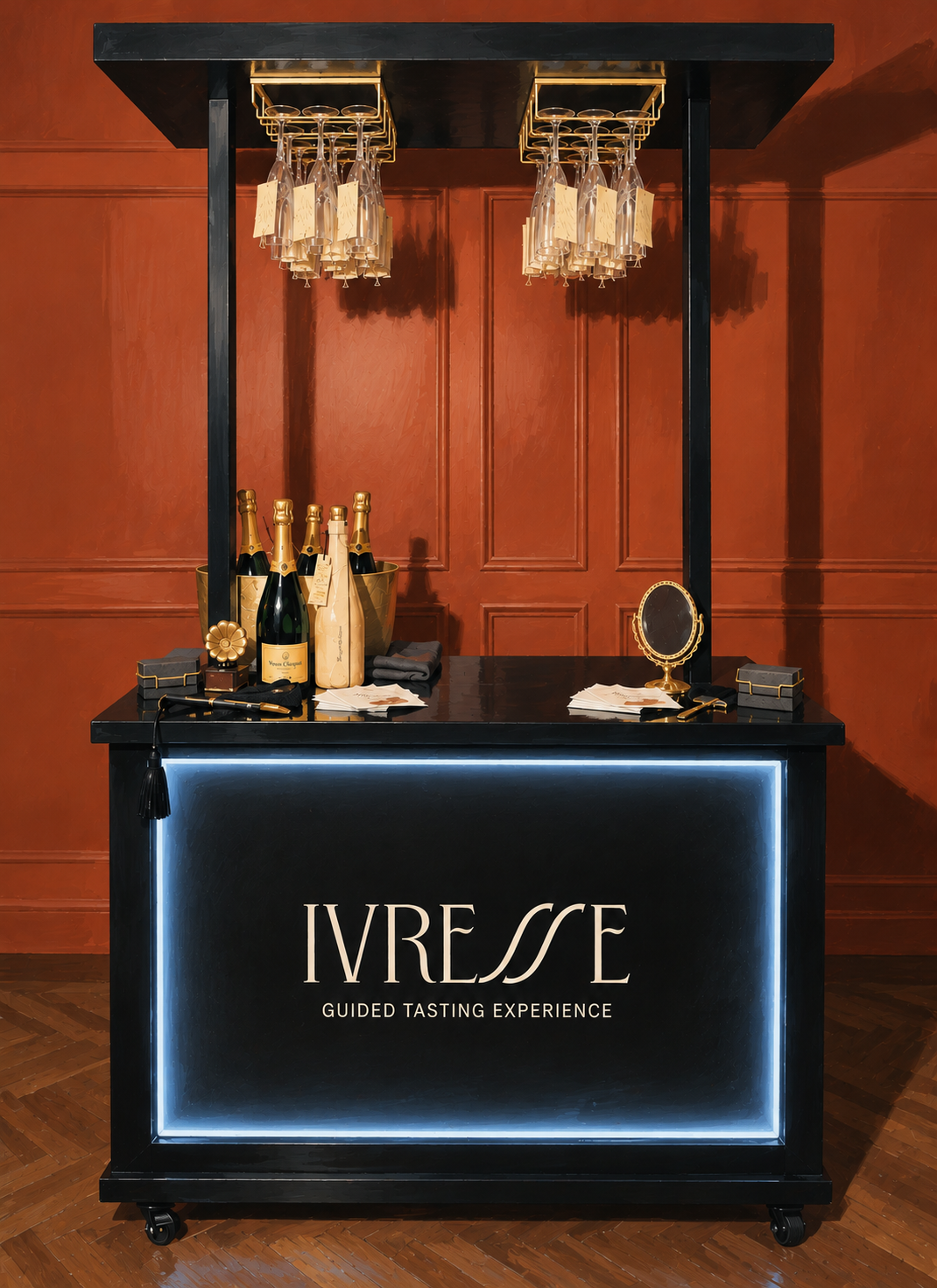 A black mobile bar cart with a lit frame on the front displaying the word 'IVRESSE' and 'Guided Tasting Experience', set against a red paneled wall. The top has several bottles of champagne, glassware hanging upside down, small boxes, a mirror, and papers.