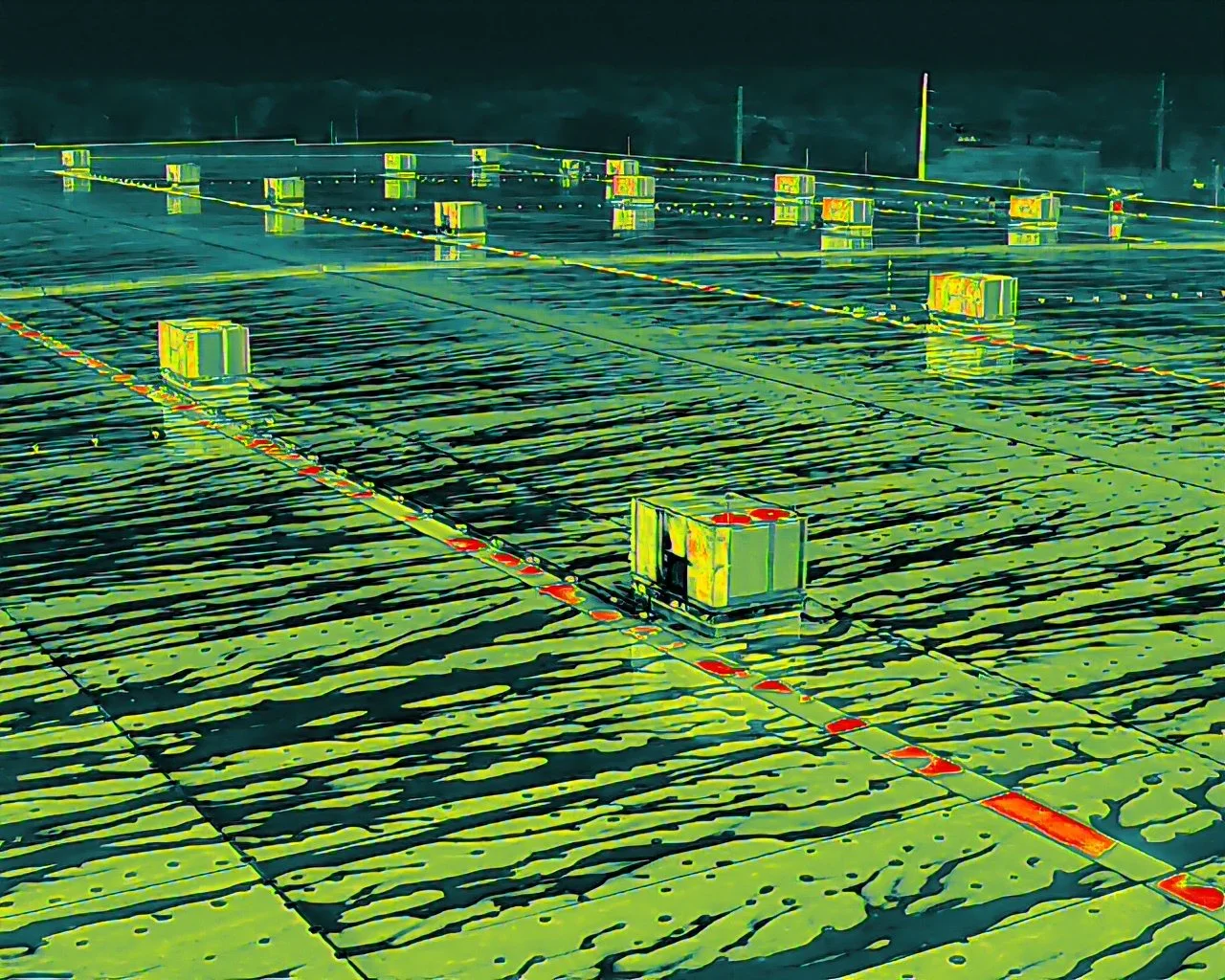 A field under a dark sky with multiple yellow and green weather monitoring boxes and red and yellow markings on the ground, with power poles in the distance.