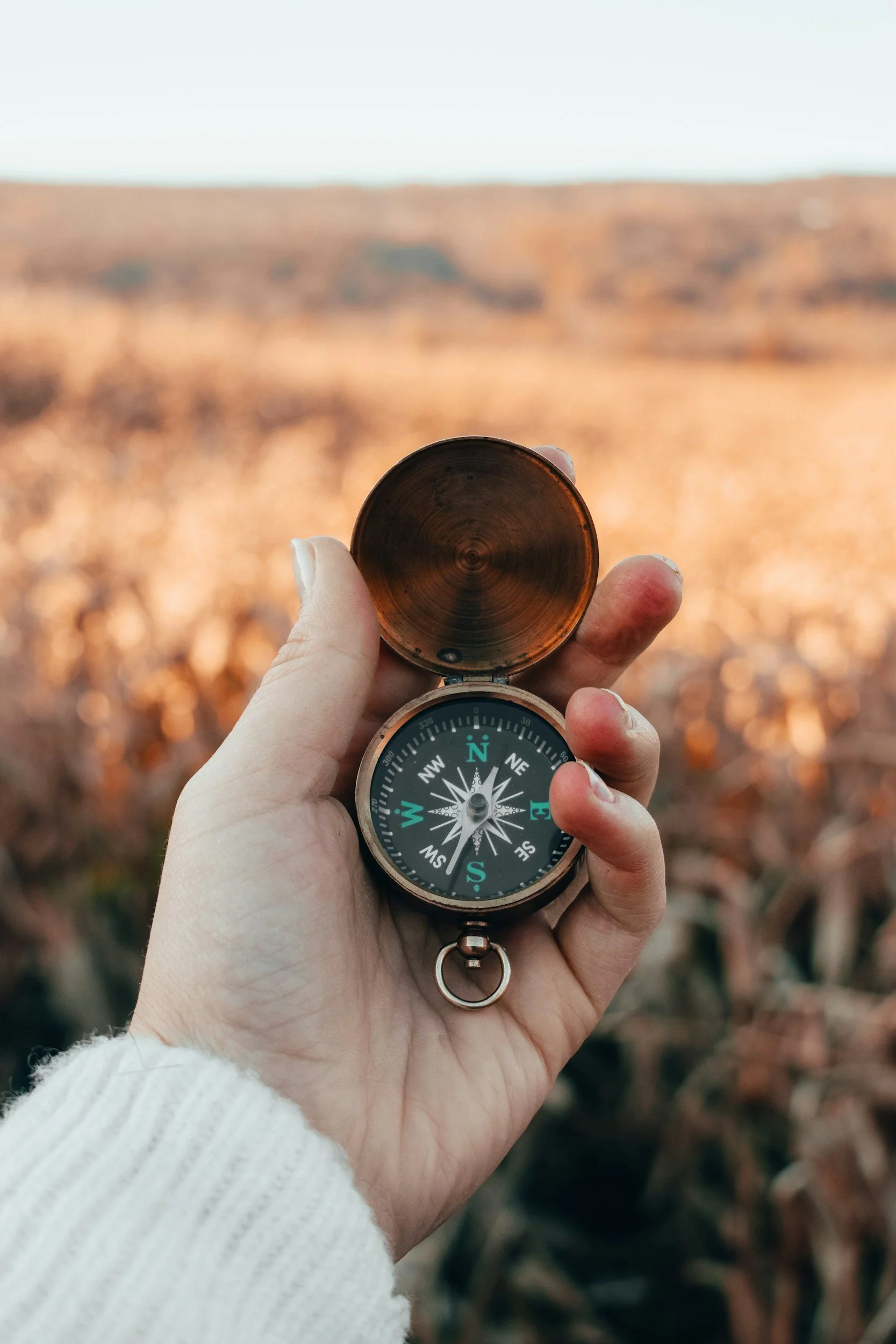 Person holding a compass with a brown cover, pointing toward an open field with trees in the distance during daytime.