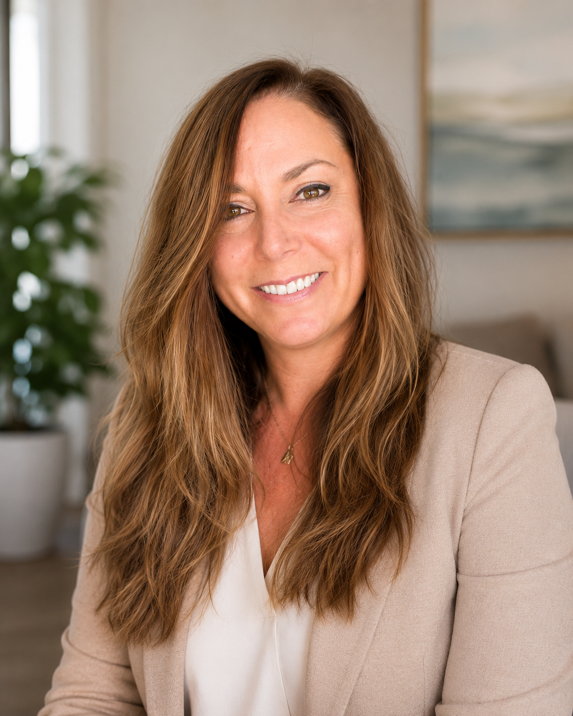 A woman with long, light brown hair, smiling, wearing a beige blazer over a white top, sitting in a well-lit room with a plant and an abstract painting in the background.