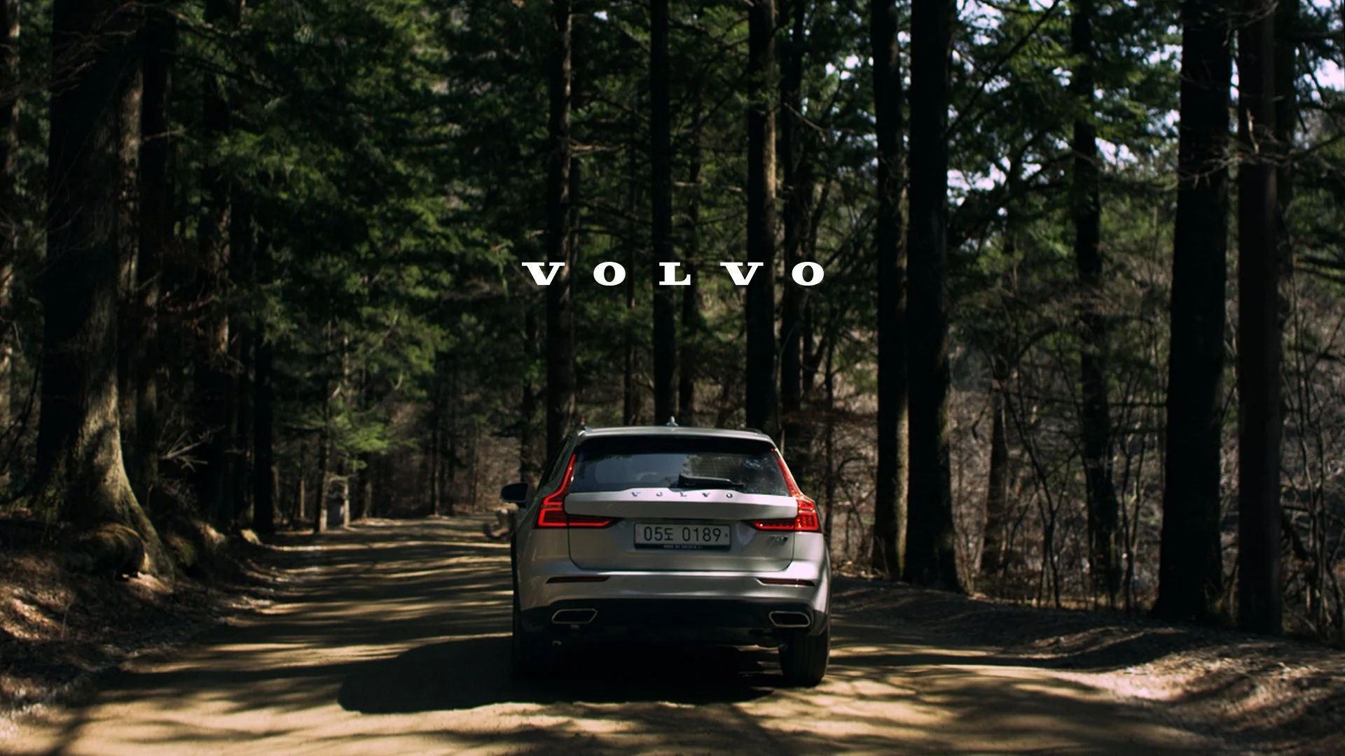 A silver Volvo SUV driving down a wooded dirt road surrounded by tall pine trees with sunlight filtering through the branches.