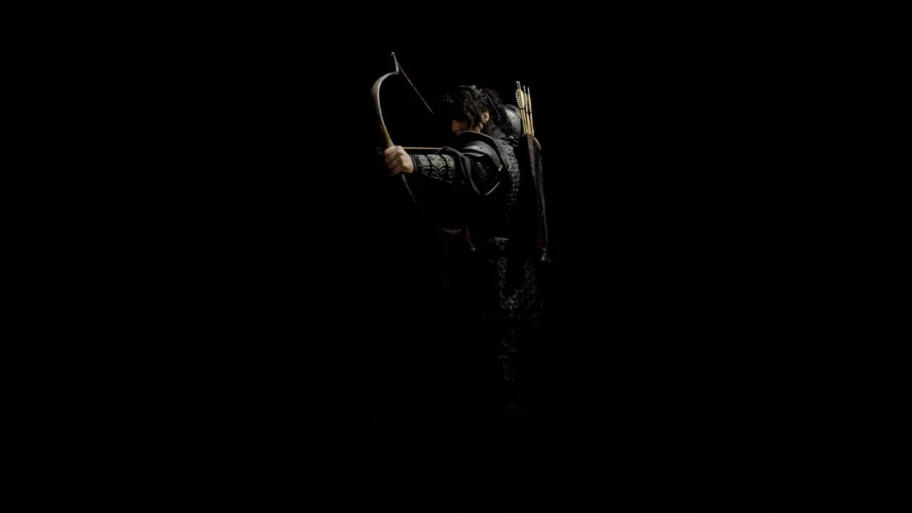 Person dressed as an elf archer with a quiver of arrows on their back, drawing a bow in a dark setting.