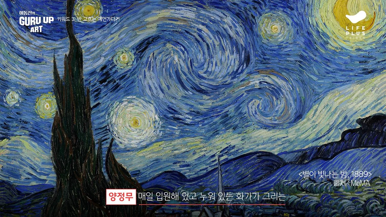 Reproduction of Vincent van Gogh's painting 'Starry Night' showing swirling night sky with bright stars, a crescent moon, a cypress tree in the foreground, and distant mountains.