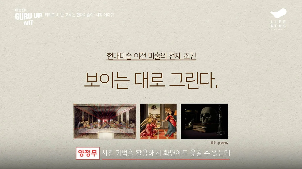Korean art history slide with three images of paintings and a skull, discussing modern art's principles and traditional art conditions.