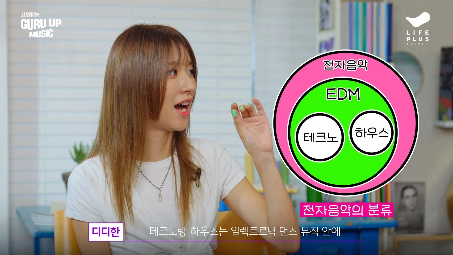 A young woman with light brown hair and a white t-shirt gestures while speaking in a colorful classroom or studio. There is an infographic graphic with Korean text and bright colors overlaid on the image, discussing electronic dance music genres. The background features bookshelves and a heart-shaped mirror.