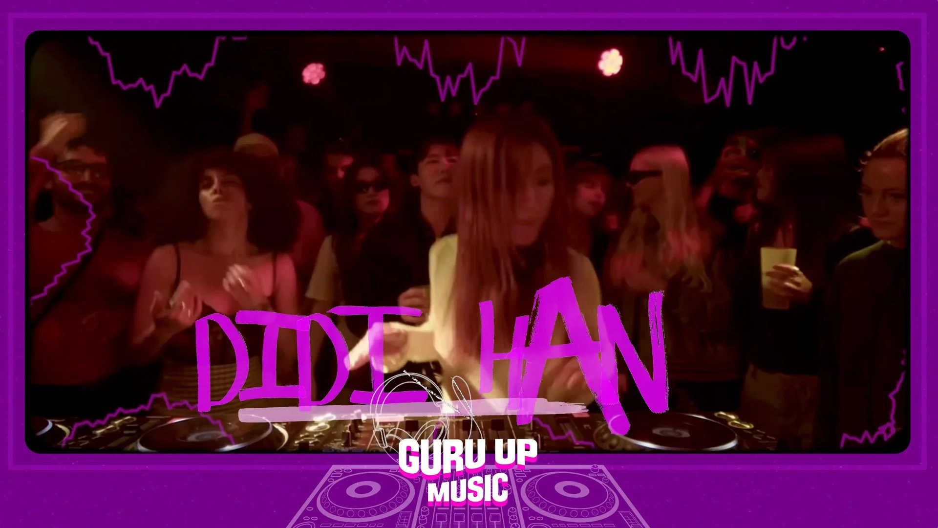 Crowd of people at a DJ music event with purple and pink lighting, DJ equipment in foreground, and the words 'DIDI HAN' and 'GURU UP MUSIC' overlayed.